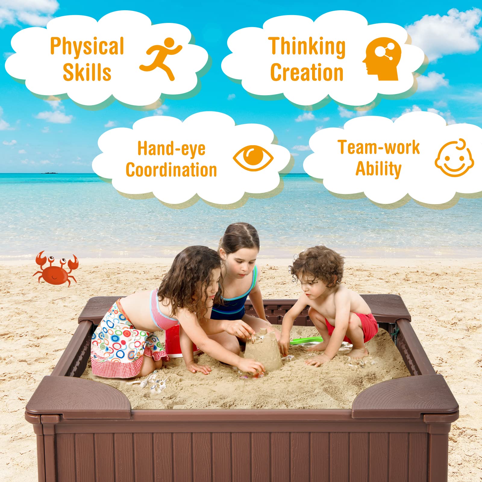Kids Sandbox with Cover 48x48 Inch HDPE Outdoor Play Pit