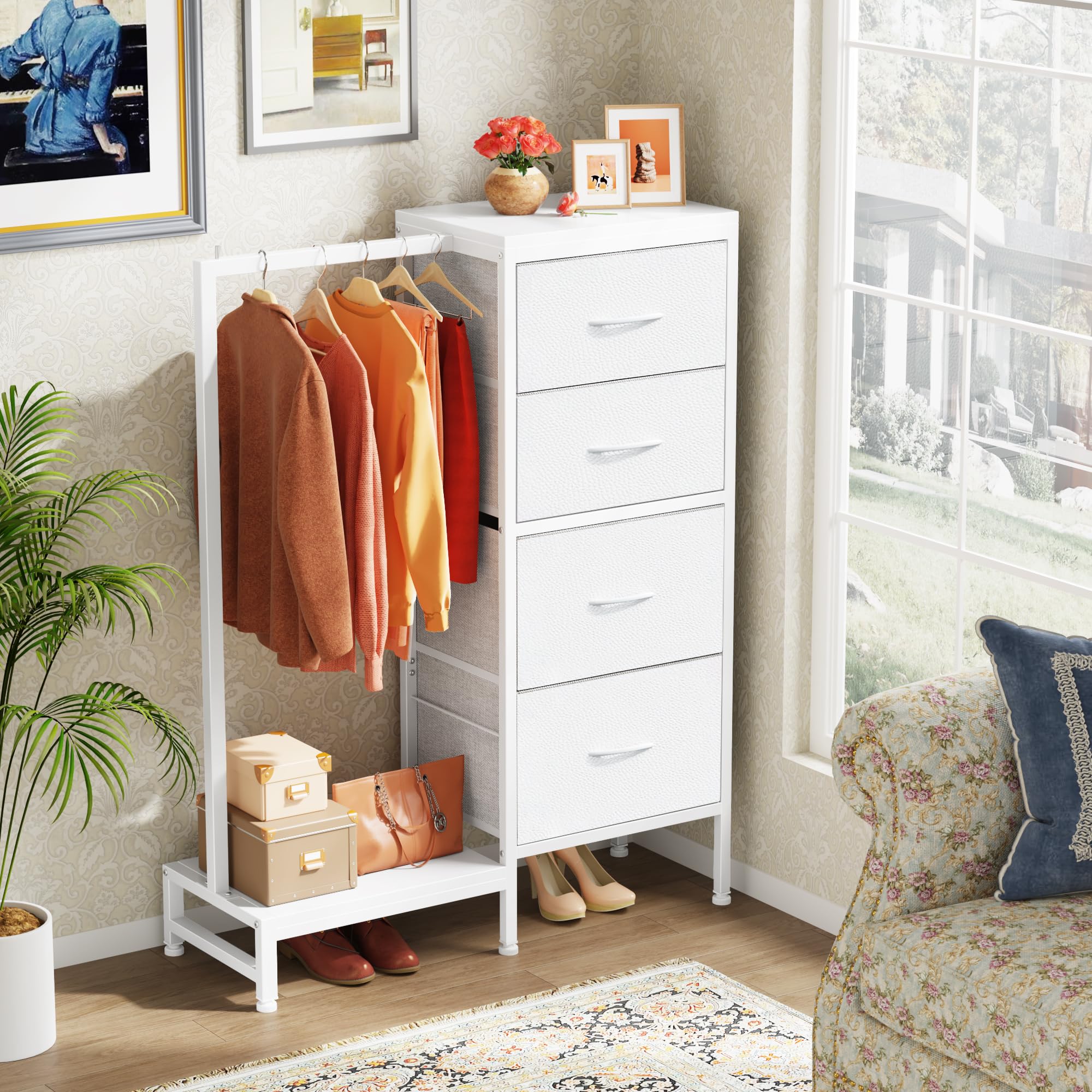 Dresser with Hanging Rack, 4 Drawers Small Closet for Bedroom