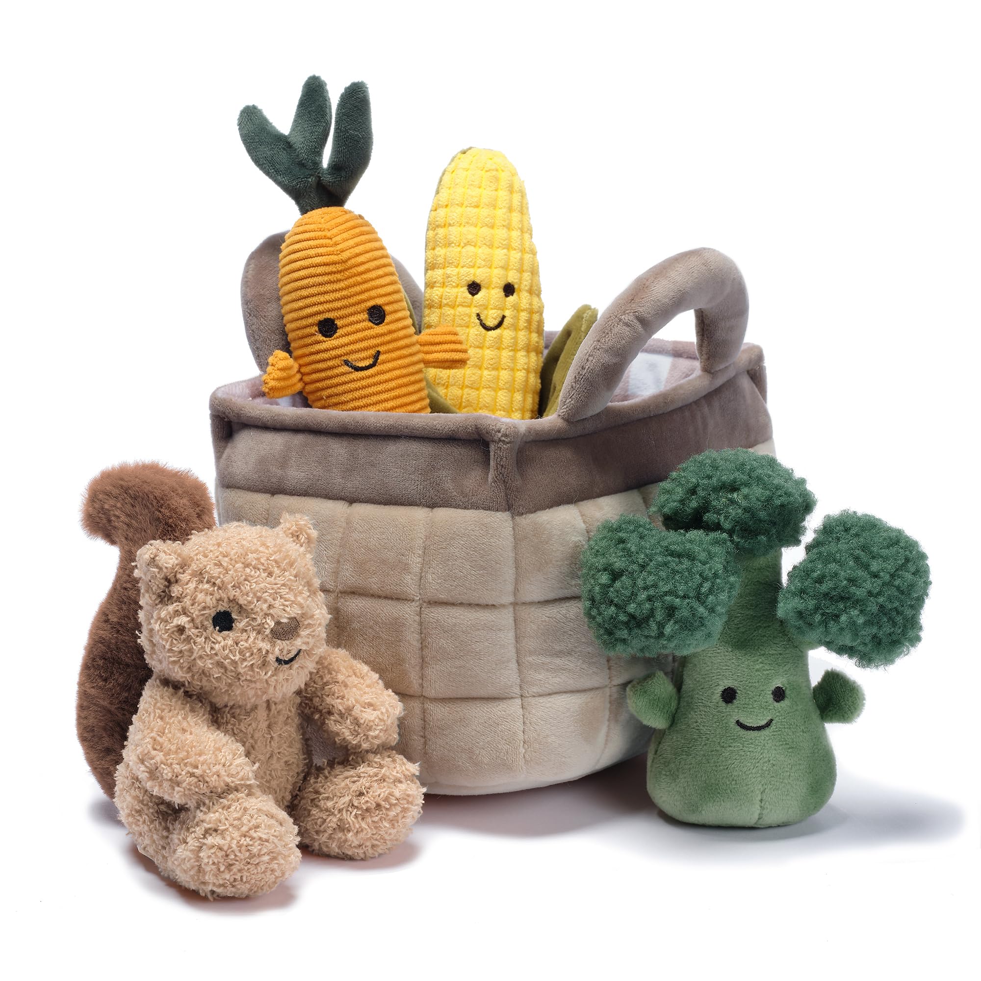 Plush Veggie Basket Play Set with Interactive Stuffed Vegetable Toys