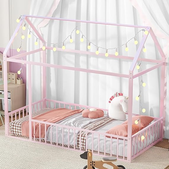 Twin Floor Bed Frame, Metal Montessori Floor Bed Twin with Fence for Boys