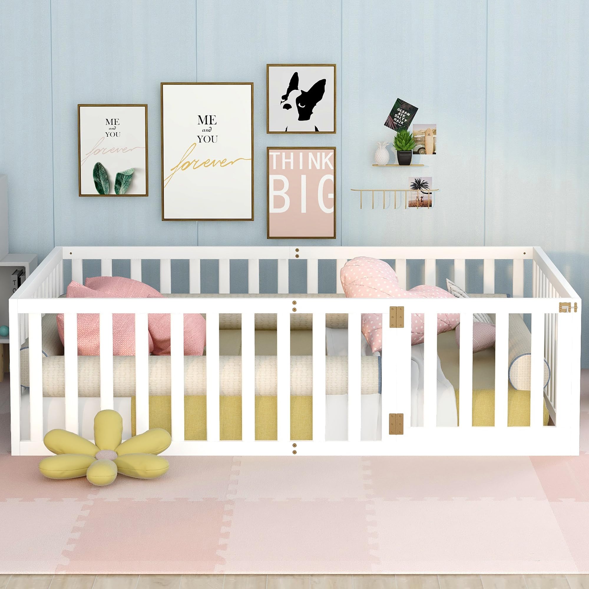 Montessori Floor Bed Full Size with Fence and Door