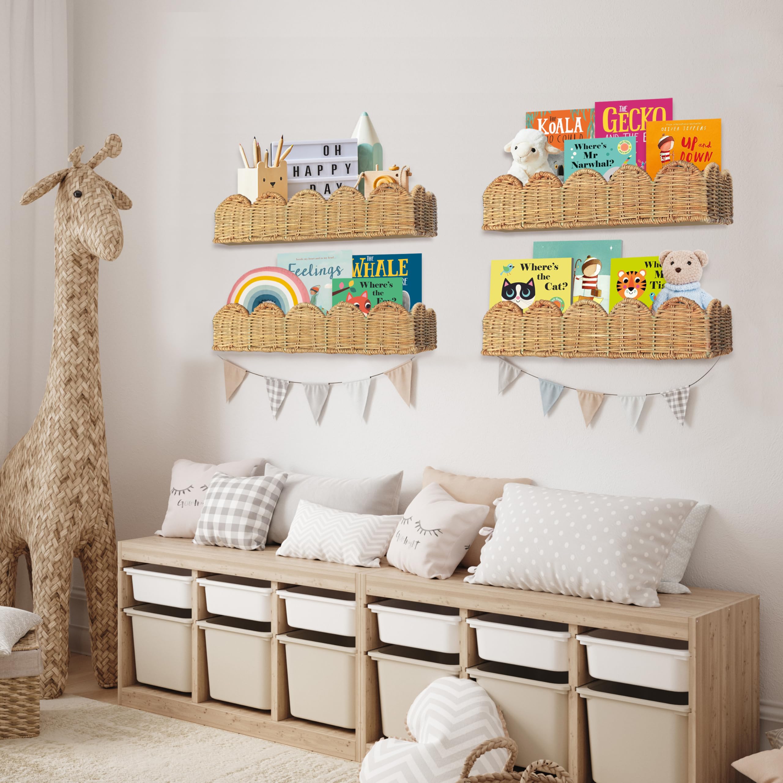 Nursery Book Shelves Set of 2 - Artisanal Natural Rattan Scalloped