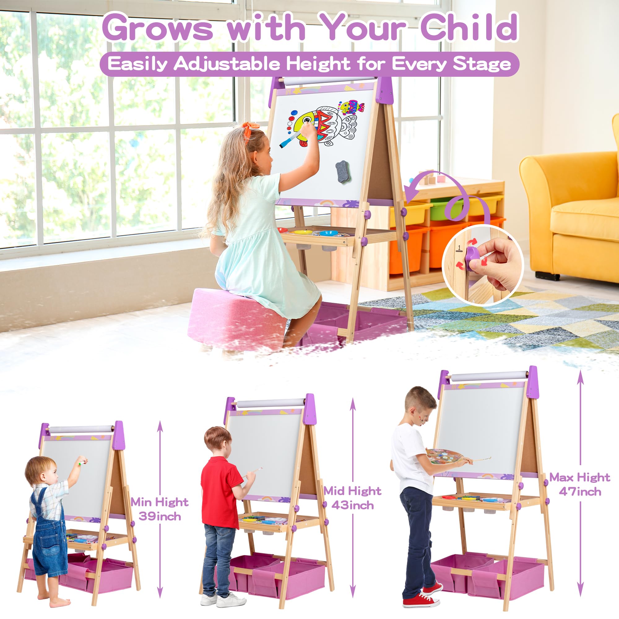 3-in-1 Adjustable Kids Art Easel Set, Height Adjustable Magnetic Whiteboard & Chalkboard with Painting Paper Roll, Wooden Dual-Sided Art Station for Toddlers & Children Ages 3+, Art Supplies Included