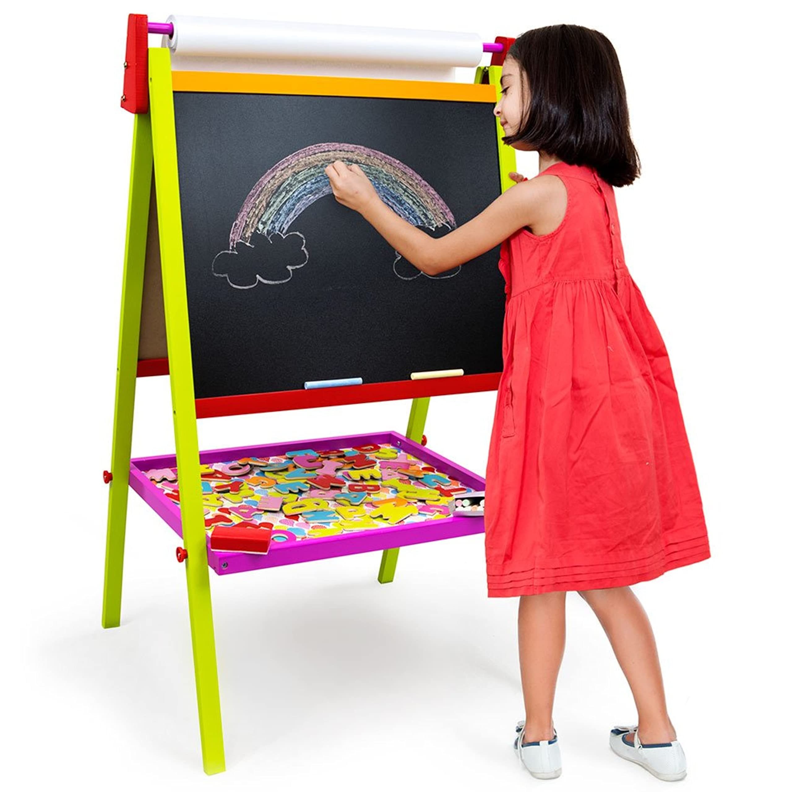 Little Artists 3-in-1 Standing Easel | Includes 75 Magnetic Letters, Rainbow Chalk, Eraser, and Easel Paper | Wooden Wonders Kids Creative Art Drawing Board | Art Class and School Teacher Activity