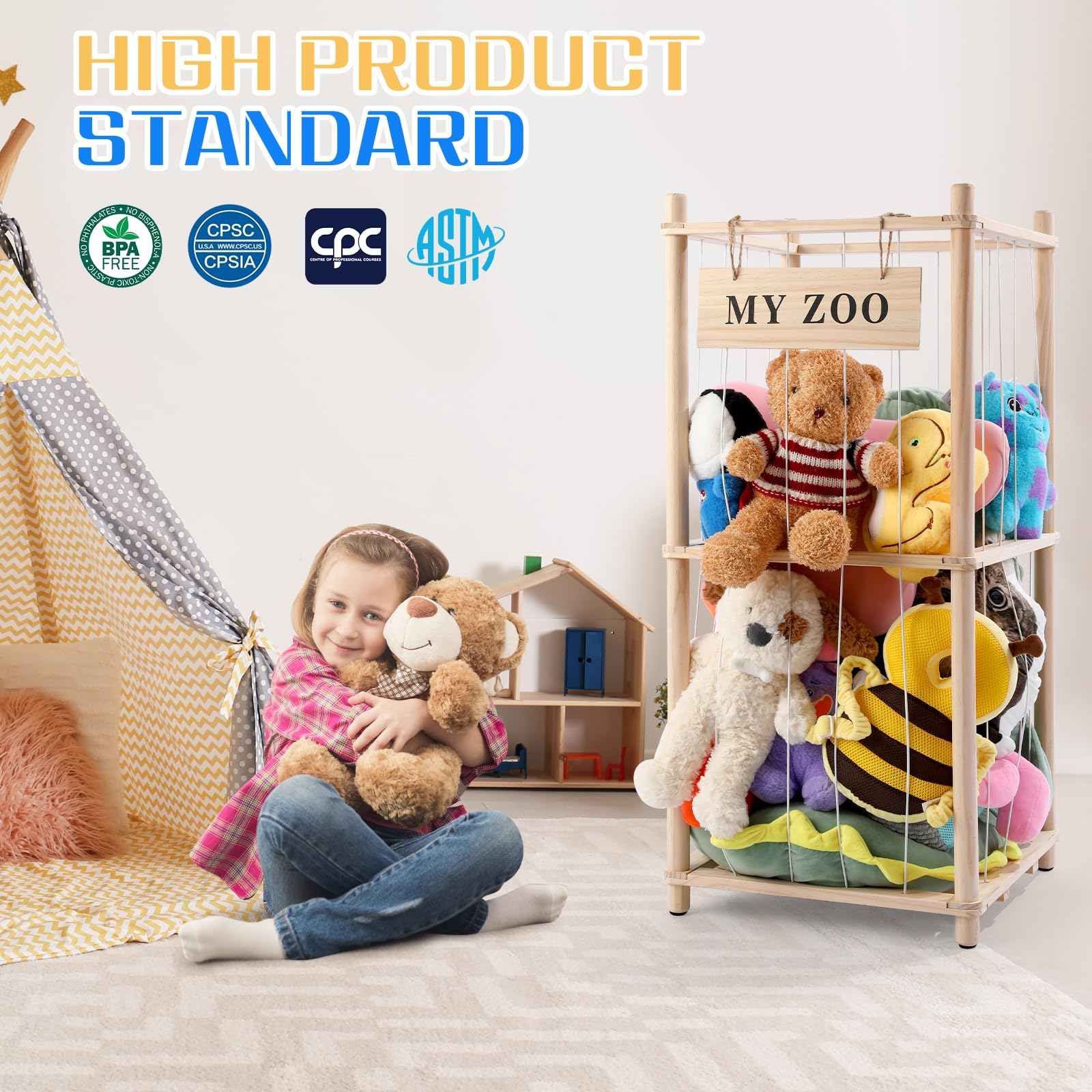 Wooden Stuffed Animal Storage Zoo Organizer with Elastic Cords