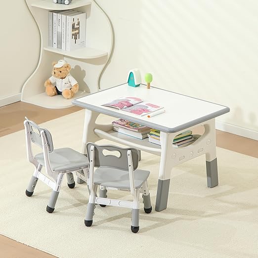 Kids Table and 2 Chairs Set, Large Built-in Storage, Adjustable Toddler Table and Chair Set