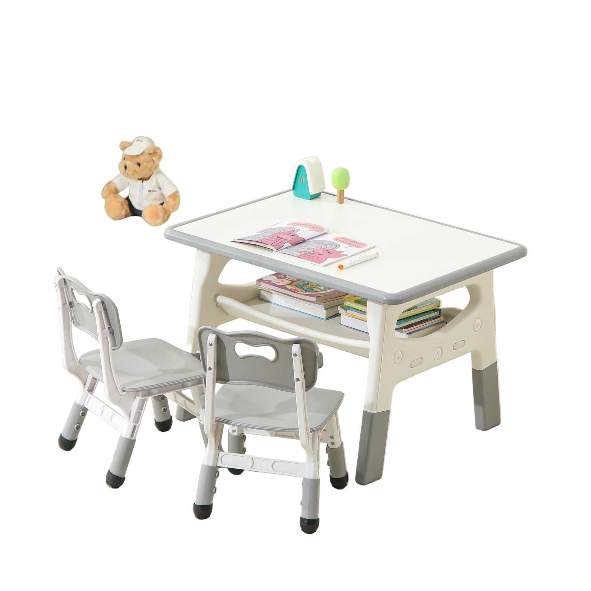 Kids Table and Chairs Set, Large Built-in Storage, Adjustable Toddler Table and Chair Set