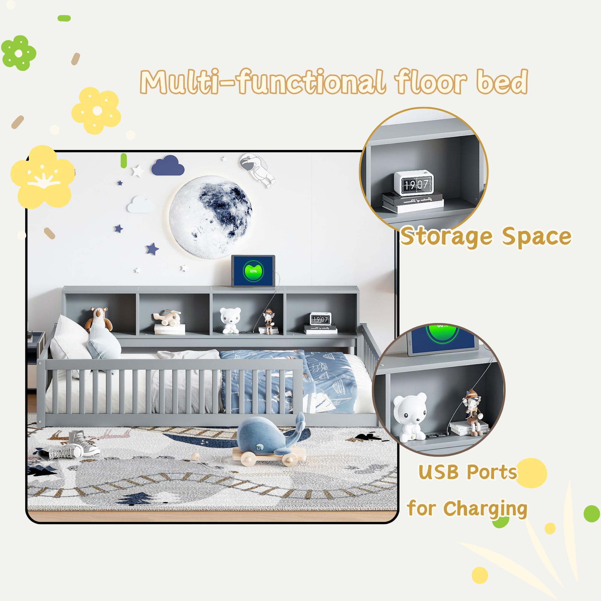 Twin Floor Bed with Storage and Safety Rails for Kids