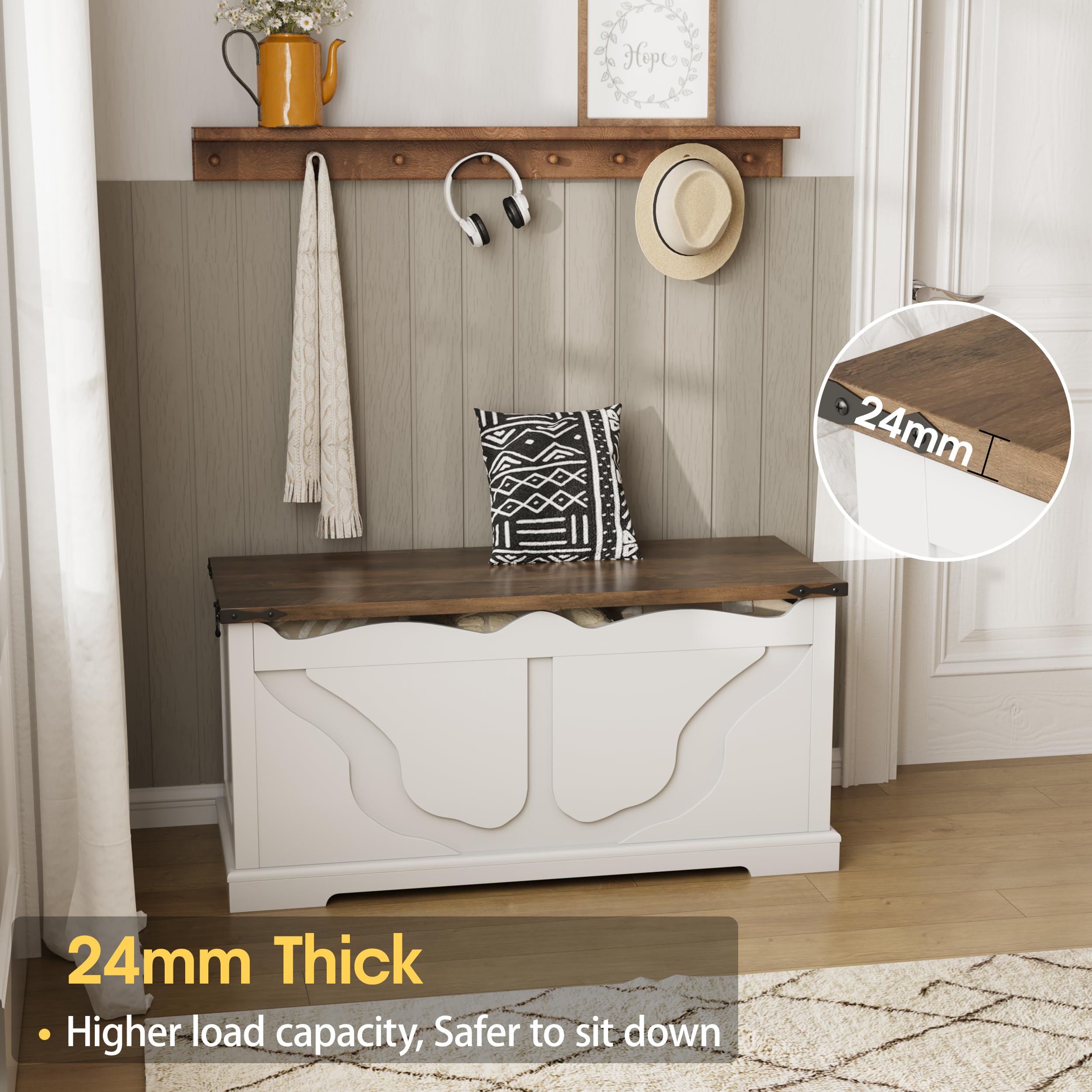 Storage Bench with Safety Hinges White Farmhouse Entryway Organizer