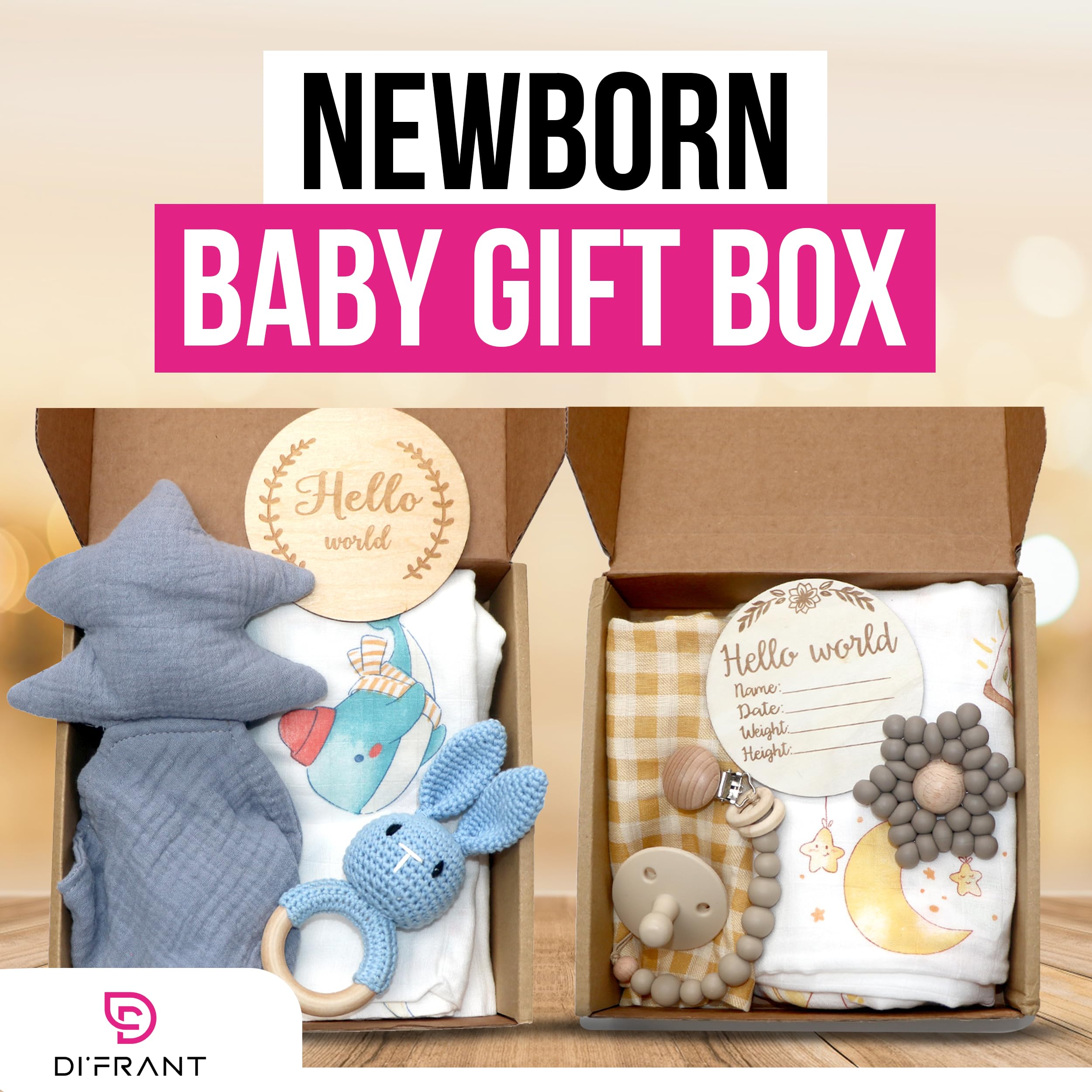 DI'FRANT Newborn Baby Gift Box | Educational Teething Toy & Soothing Crochet Rattle Set | 70% Bamboo & 30% Cotton | Perfect Baby Full Moon Gift in Eco-Friendly Kraft Box (Blue Pine)