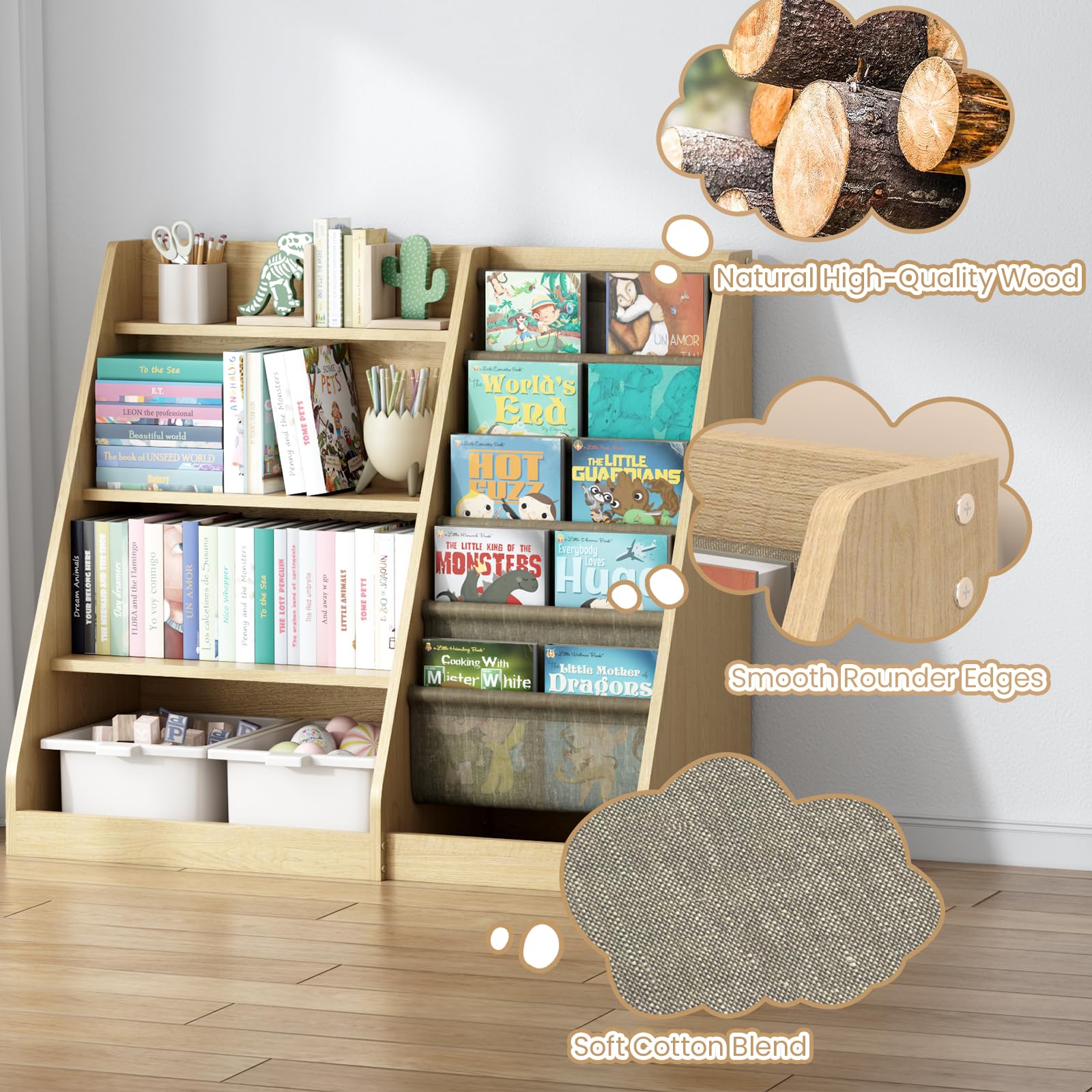 Montessori Kids Bookshelf with Toy Storage