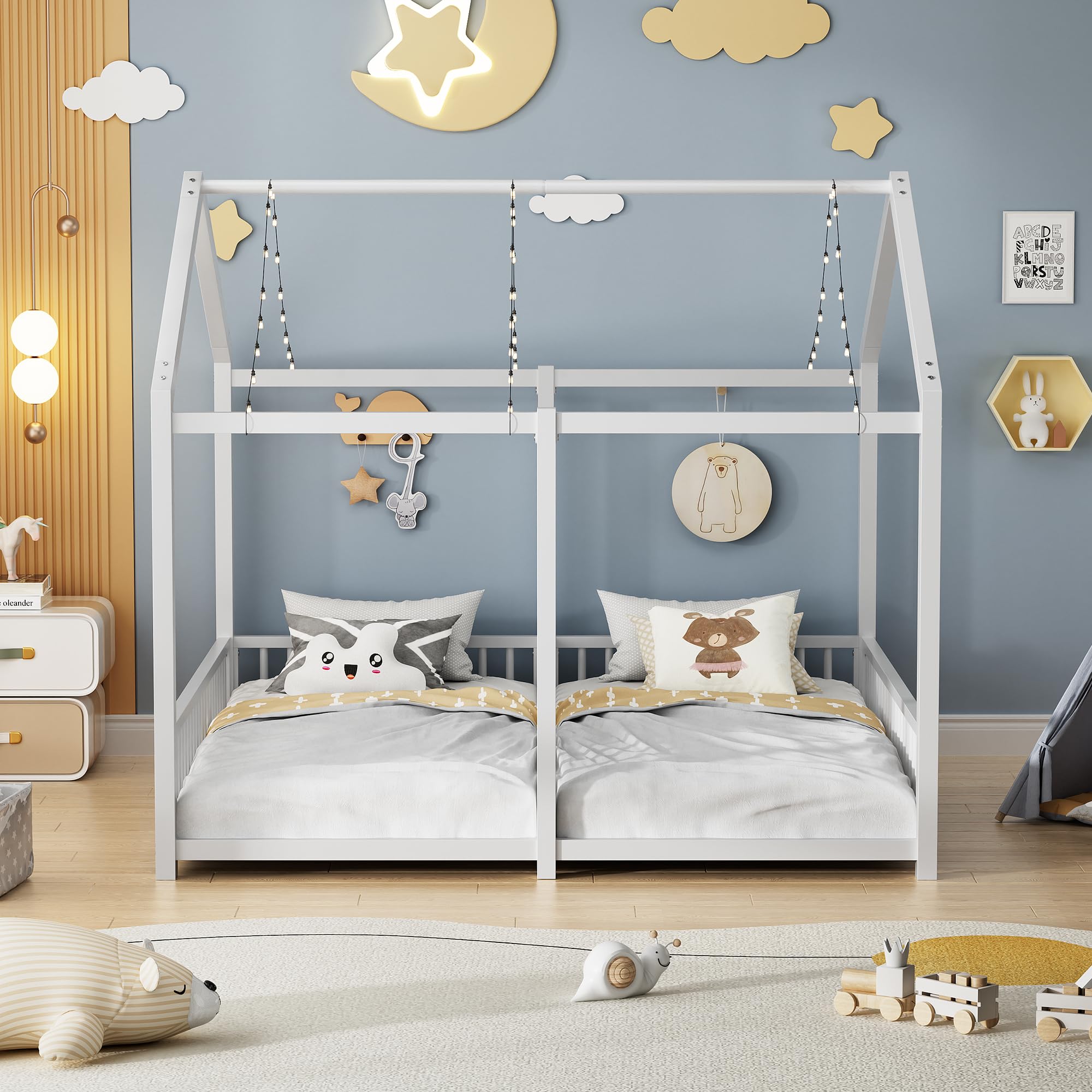 Double Twin House Floor Bed with Fence and Roof