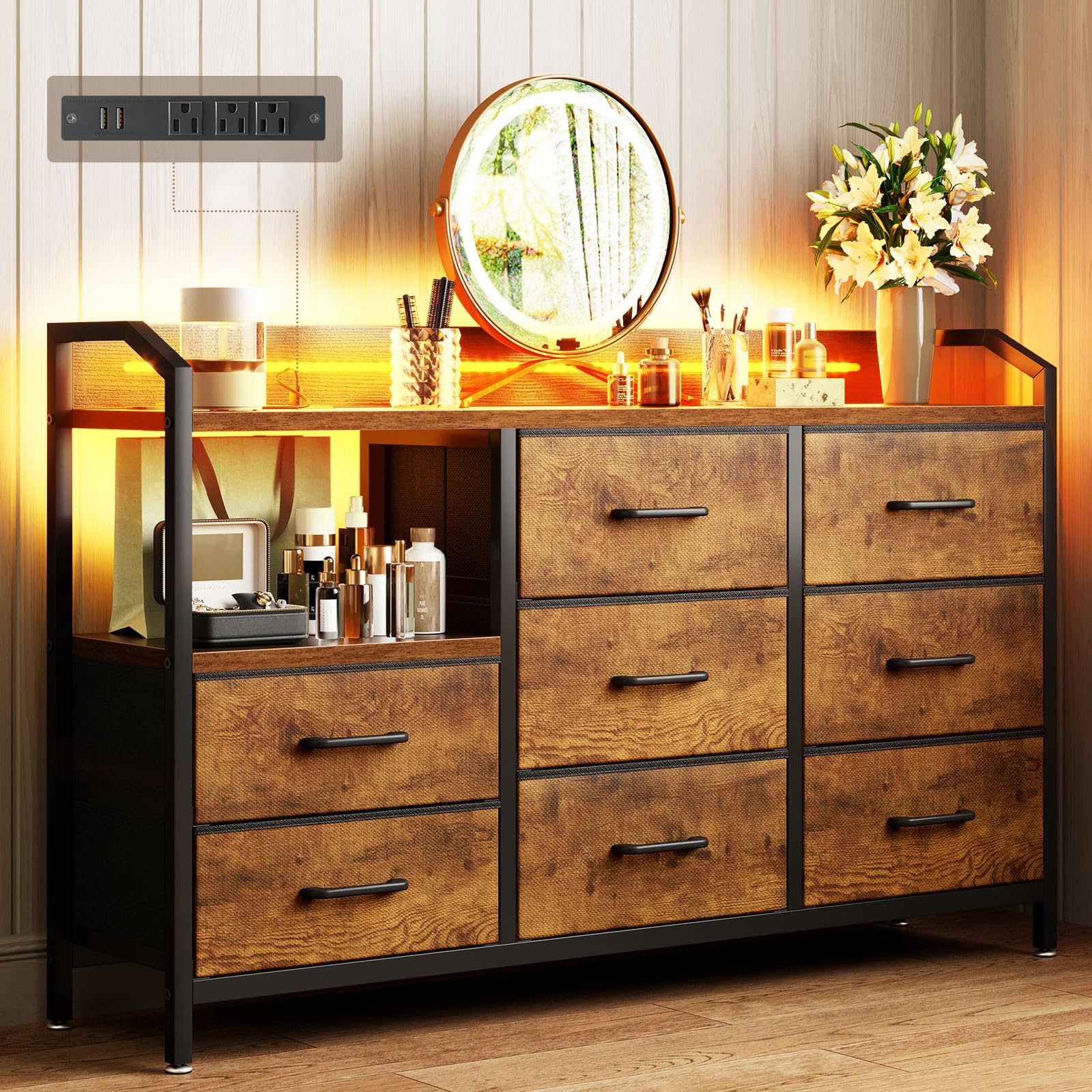 Bedroom with Light Strip & Power Outlet — 8 Drawers Dressers