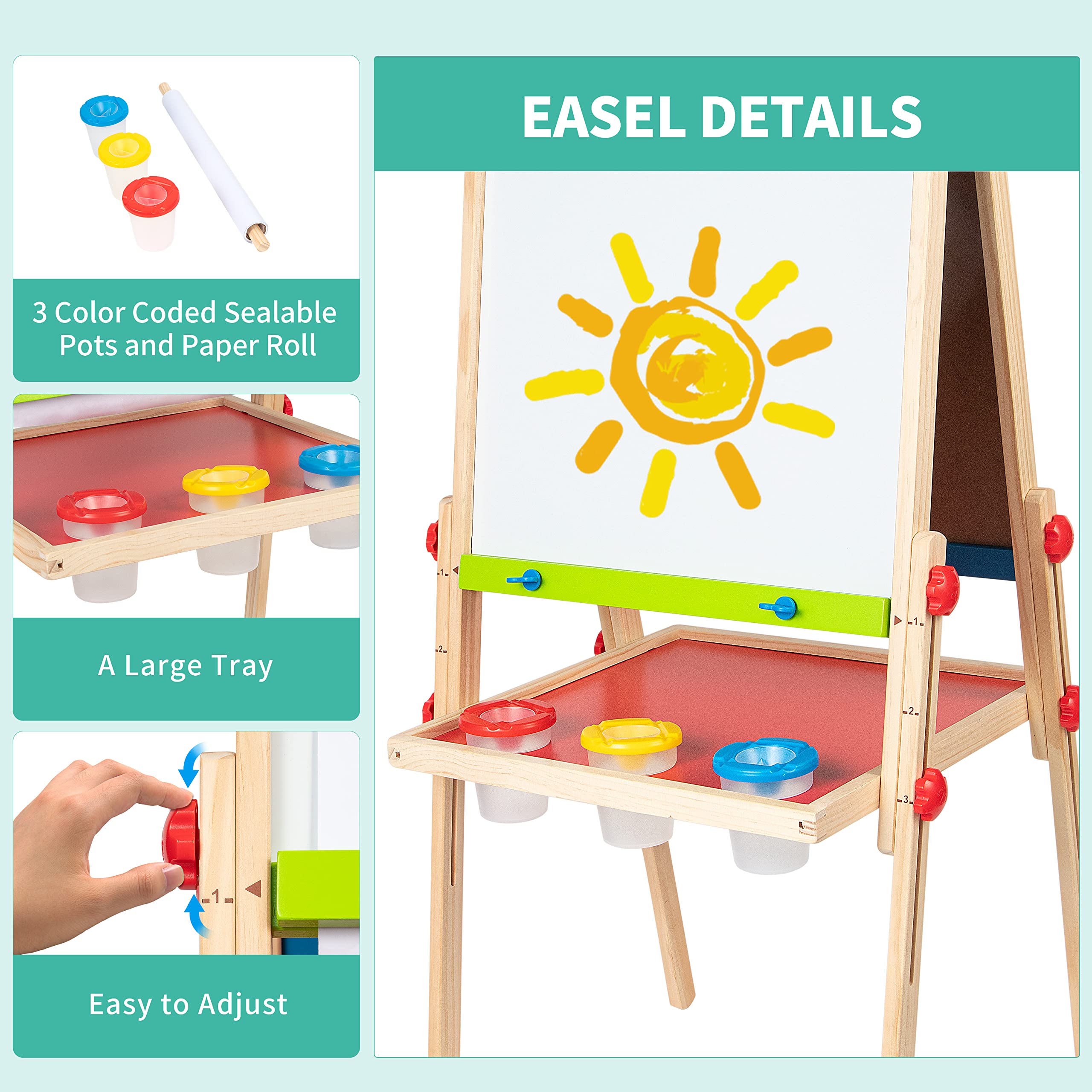 All-in-One Adjustable Kids Art Easel with Magnetic Whiteboard and Chalkboard