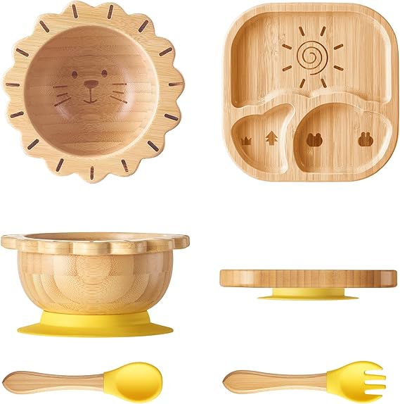 Suction Plates Bowls Set for Baby Toddler Non-Toxic Bamboo Feeding