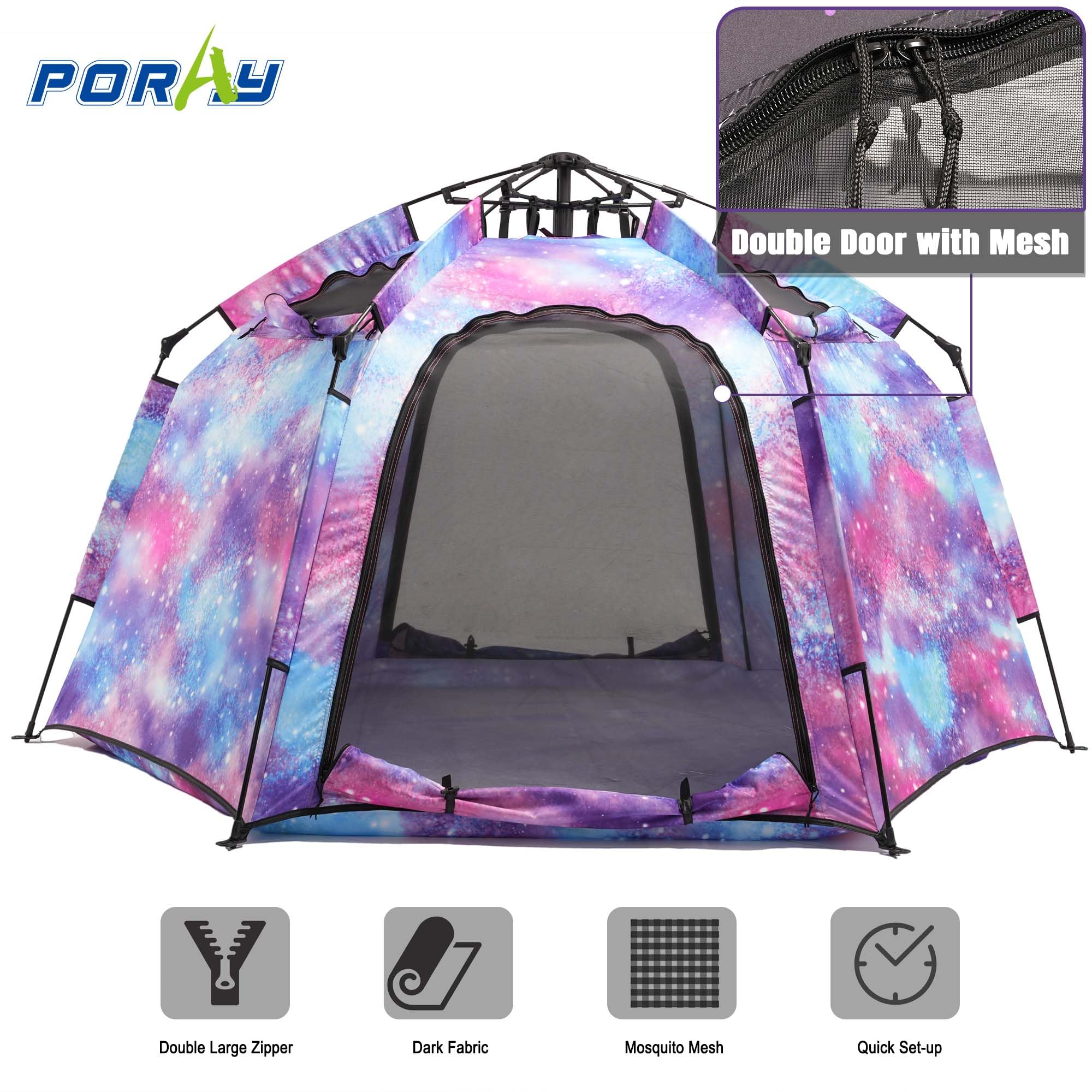 Portable Hexagon Kids Play Tent with LED Strip Lights Indoor Children Play House Easy Set-up Space Large Dream Tent for Night 4-5 Person & Birthday Gifts