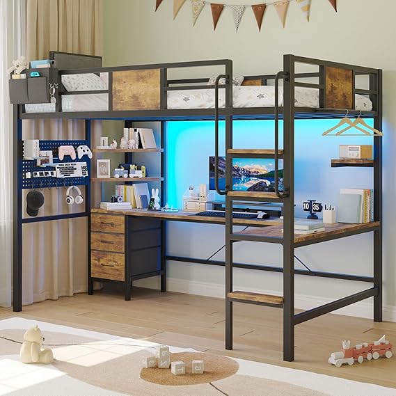 Twin Size Loft Bed with L-Shaped Desk and 3 Fabric Drawers