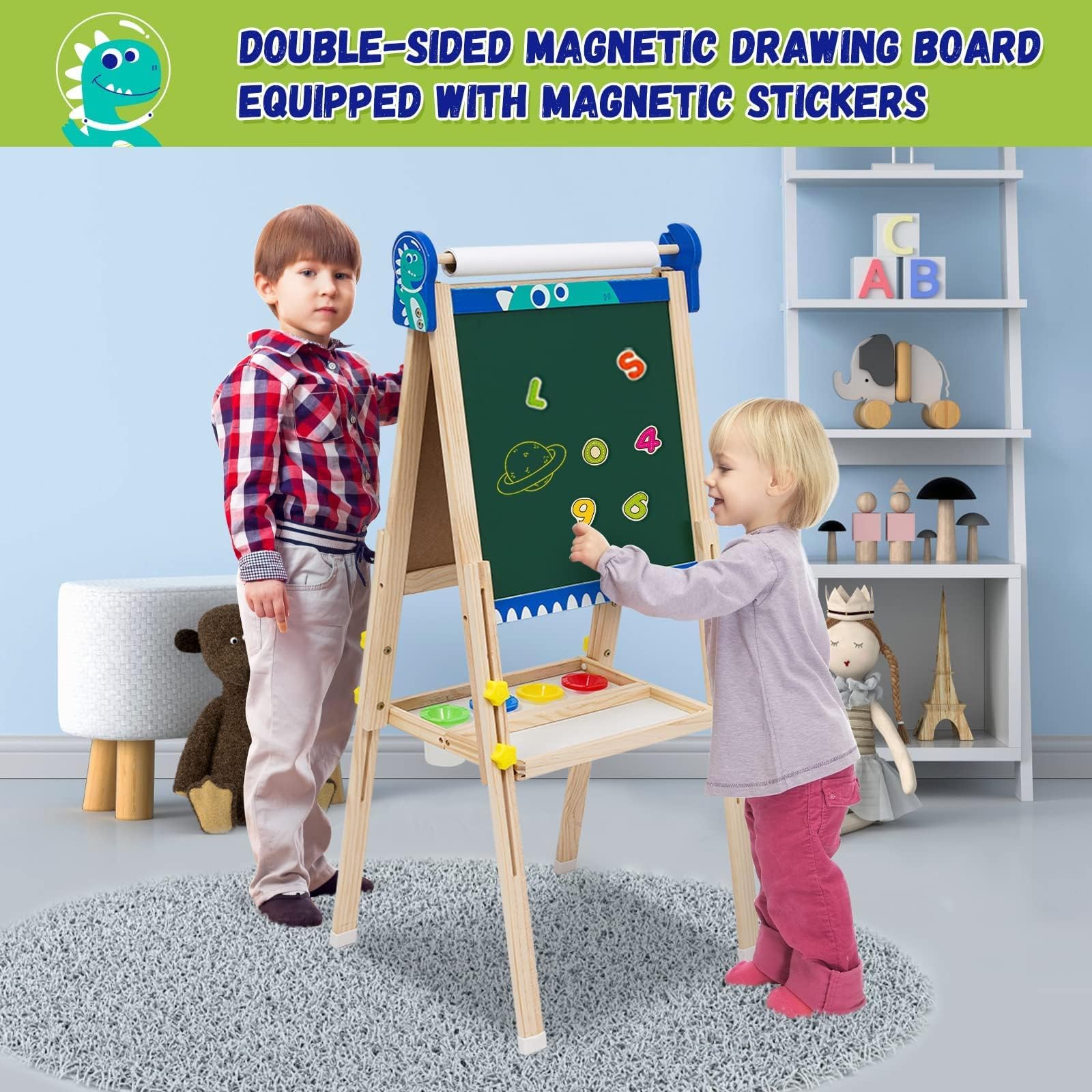 Kids Wooden Art Easel with Paper Roll,Foldable Double-Sided Easel with Whiteboard & Chalkboard,Height-Adjustable Drawing Board for Girls Boys Toddlers Aged 3-5/4-8,Ideal Gift for Christmas,Birthday