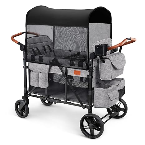 Wagon Stroller for 4 Kids, All-Terrain Wagon for Toddler with Canopy, Parent Organizer