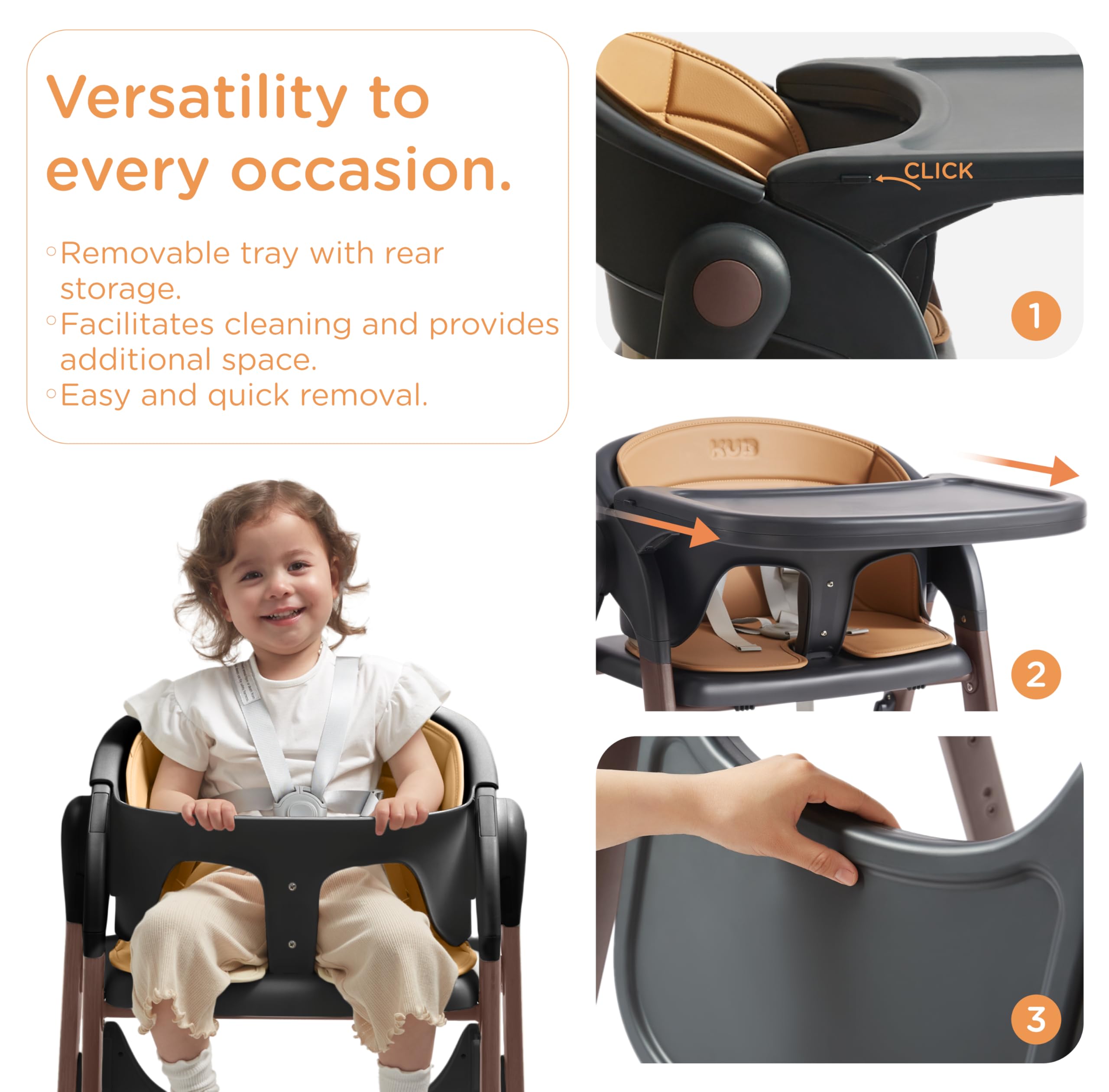 Adjustable Foldable High Chair with Wood-Printed Metal Frame and Removable Tray