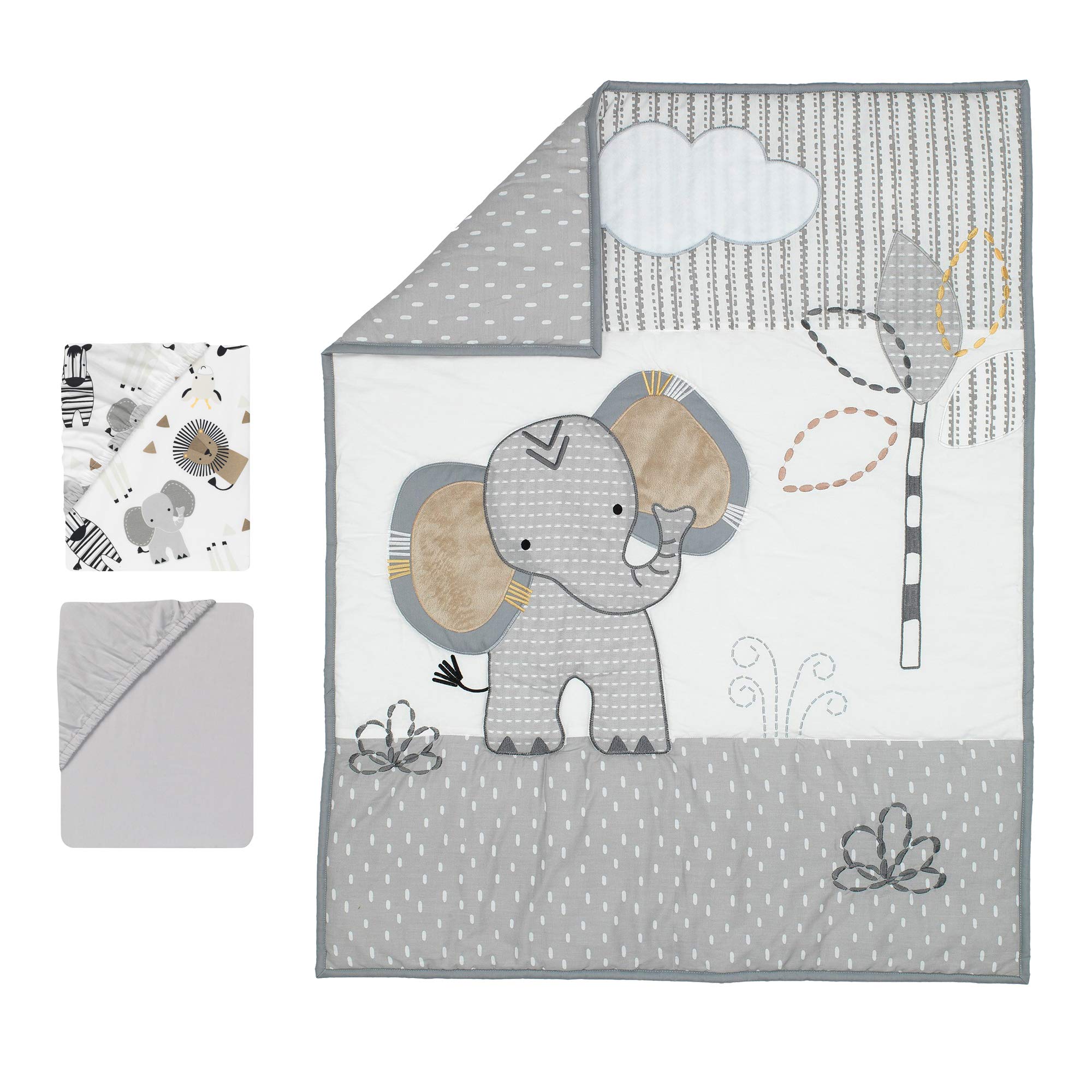 Elephant Mini Crib Bedding Set - Gray White Safari Theme