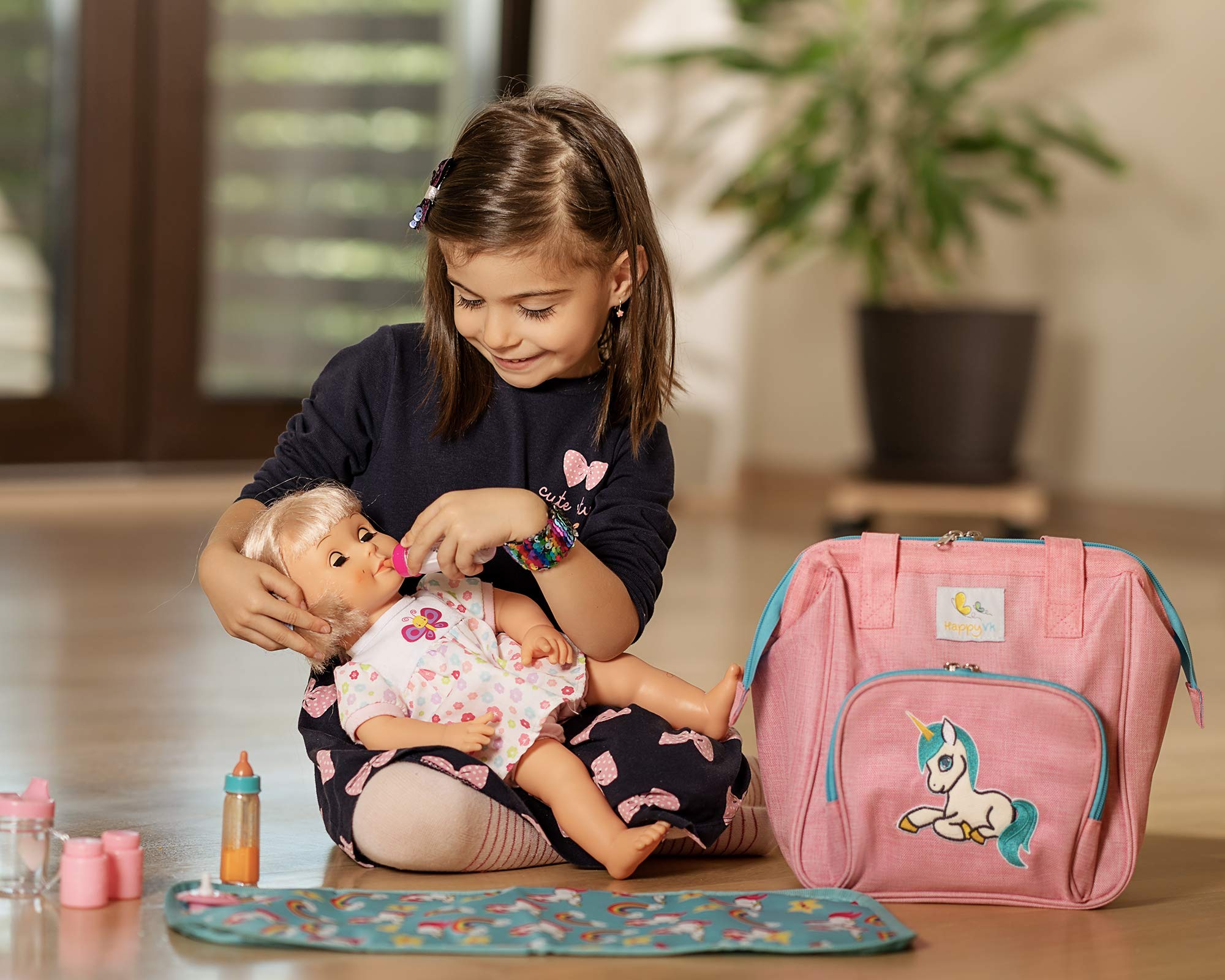 Baby Doll Diaper Bag Unicorn Embroidery 14-Piece Pretend Play