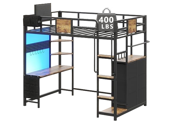 Twin Loft Bed with Desk, Twin Bed Frame with 6 Storage Drawers
