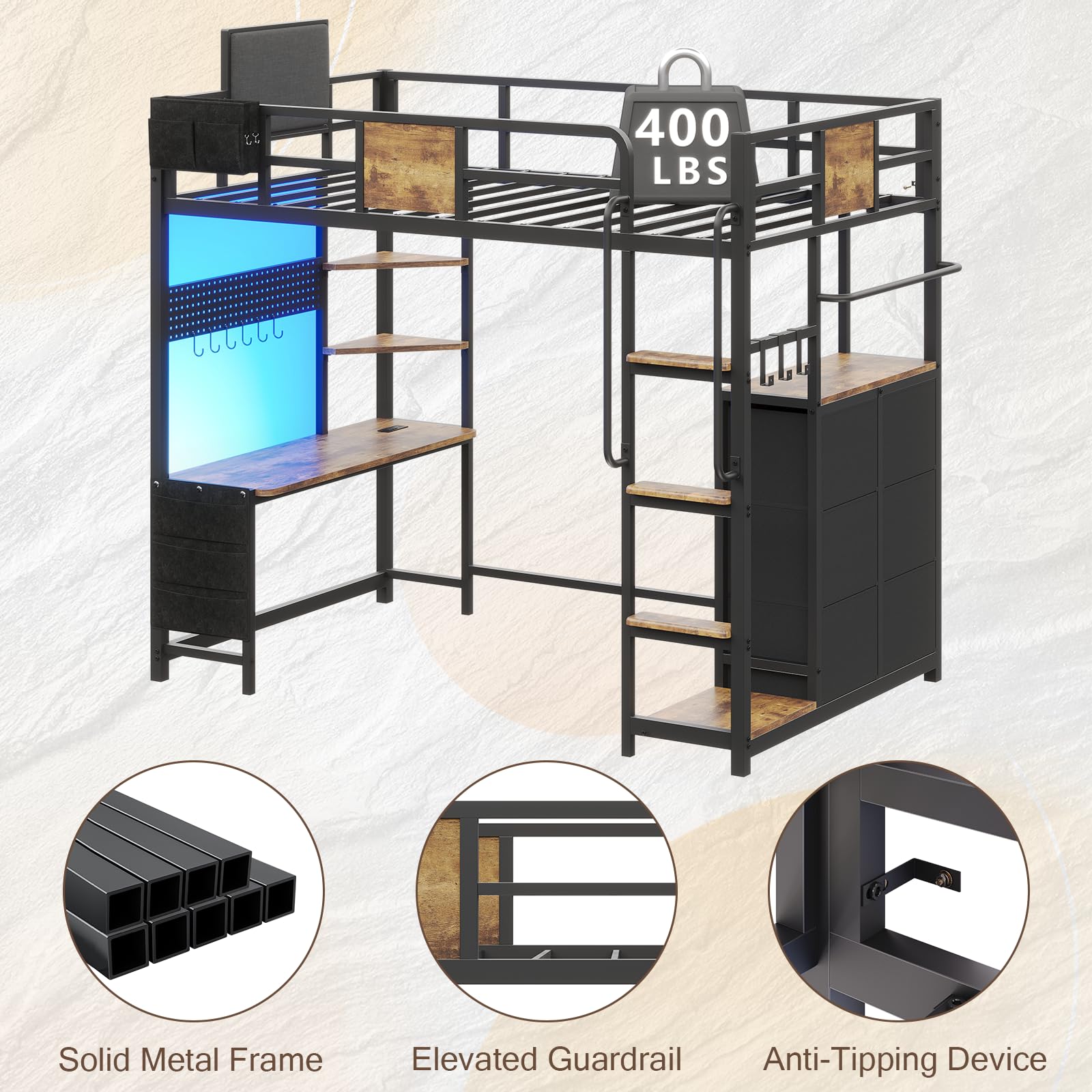 Twin Loft Bed with Desk and Storage