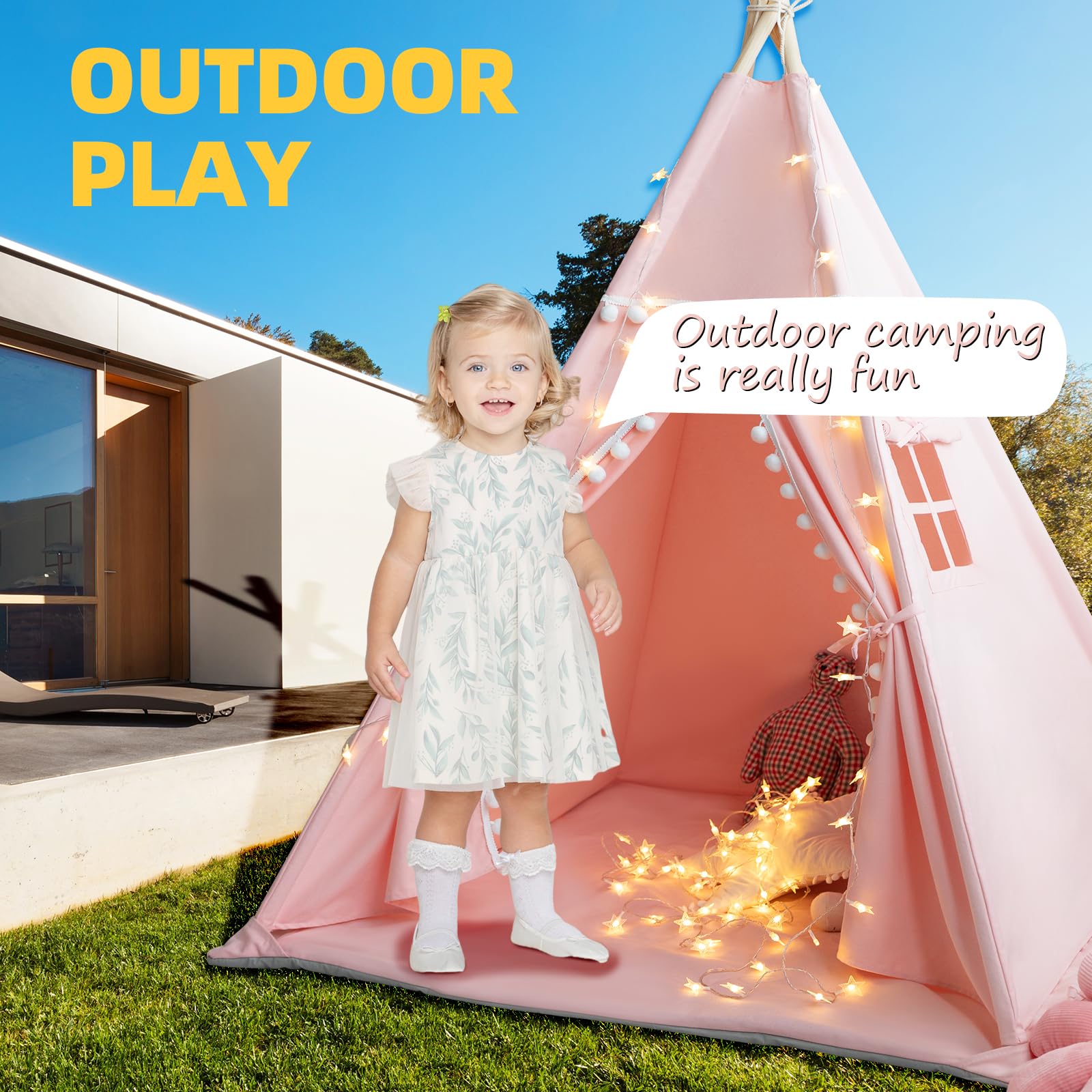 Cotton Canvas Kids Teepee Tent with Mat and Lights