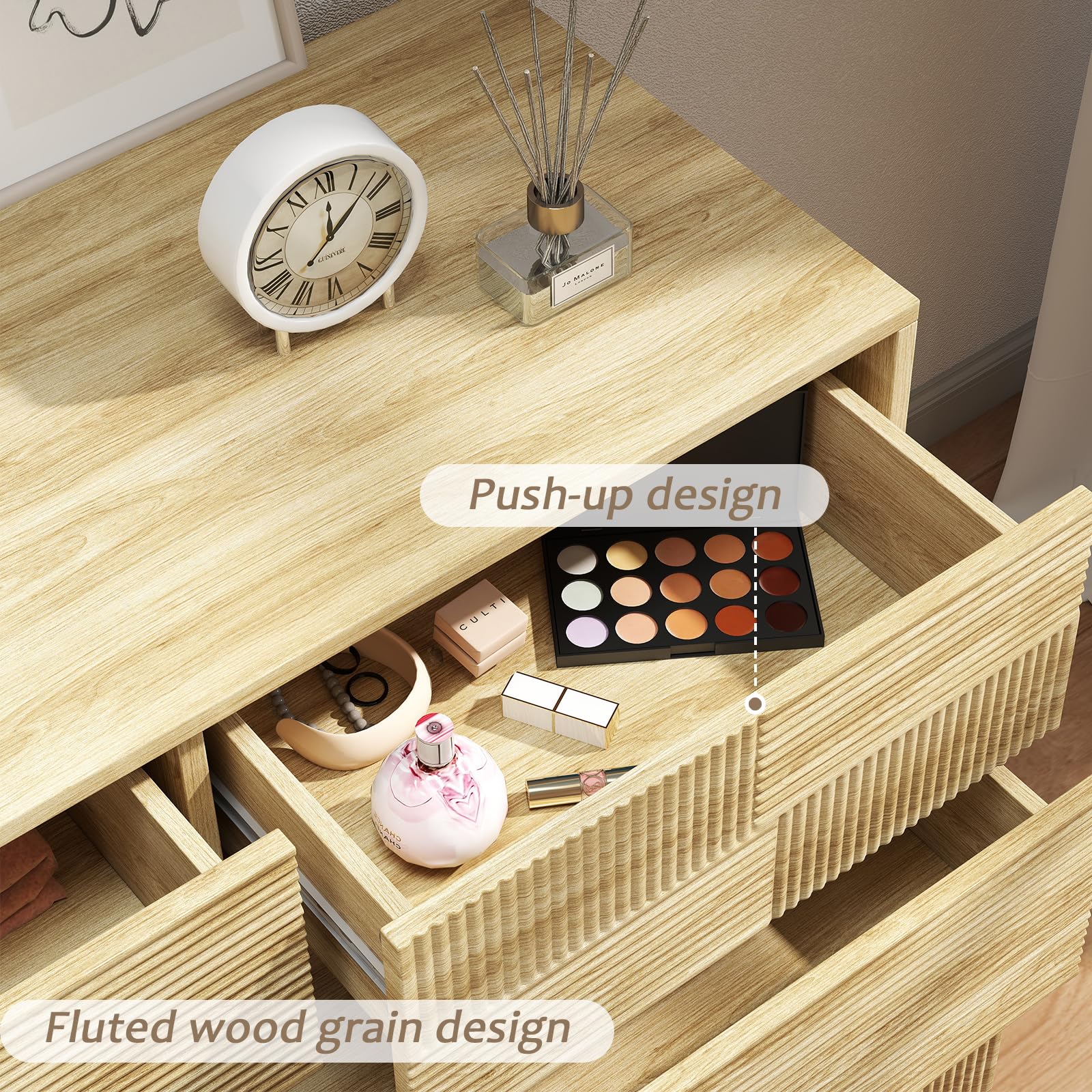 Fluted 6-Drawer Dresser for Bedroom 47 Inch Wide Handleless Chest