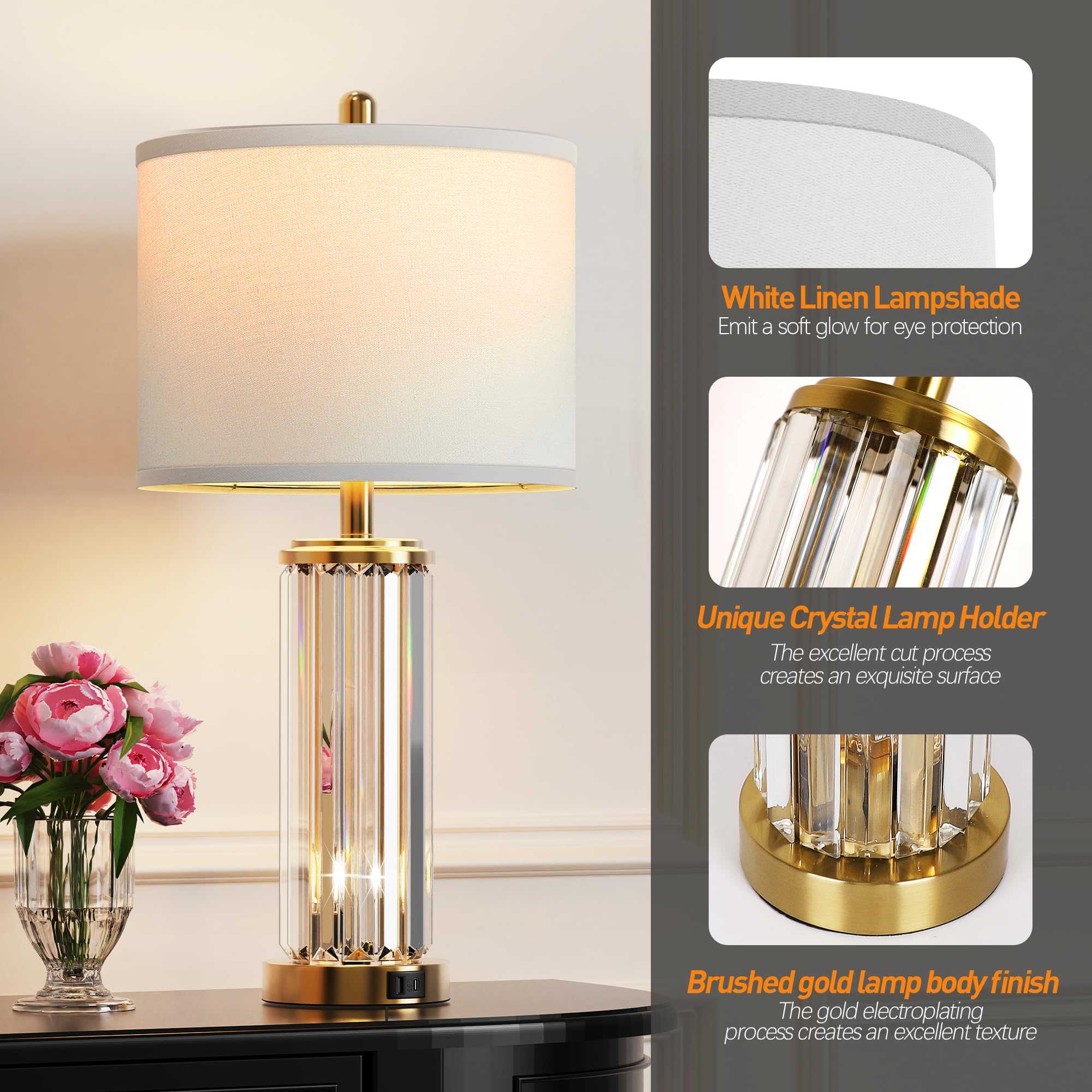 Crystal Table Lamps Set of 2 with USB Charging Ports and Night Light
