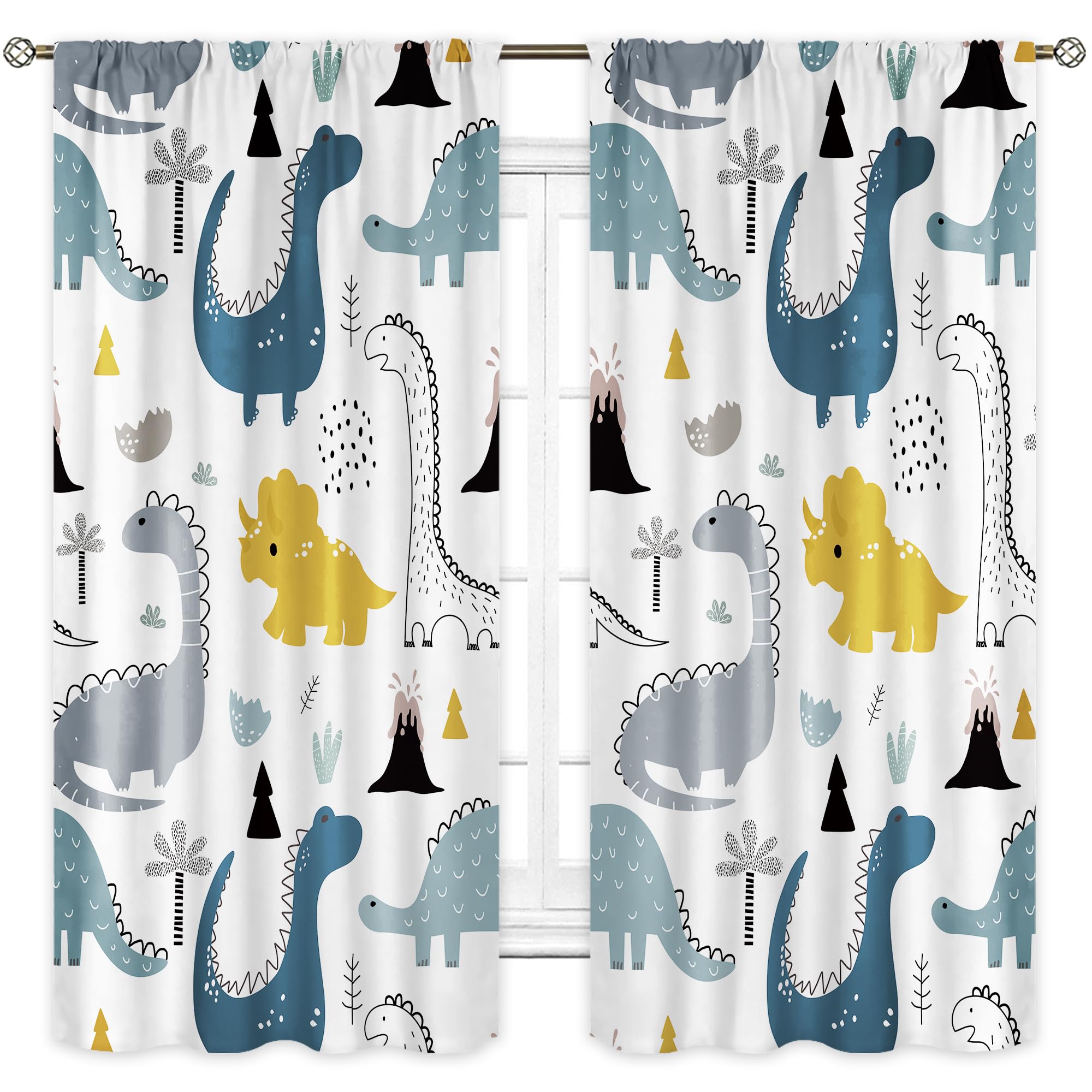 Kids Dinosaur Curtains 42Wx63L Inch Rod Pocket Cartoon Dino Baby