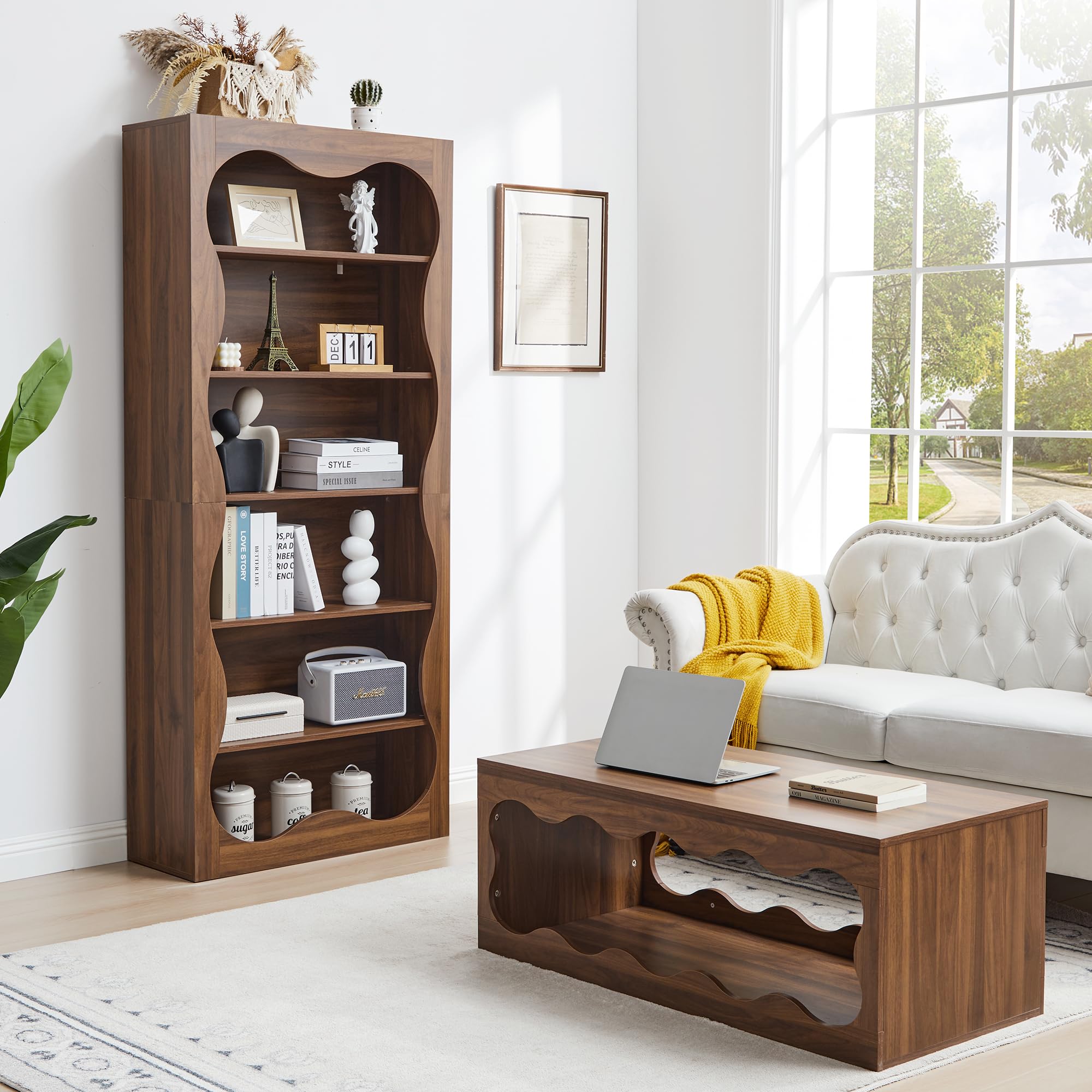 6 Tier Tall Bookshelf Wooden Storage Display Shelves