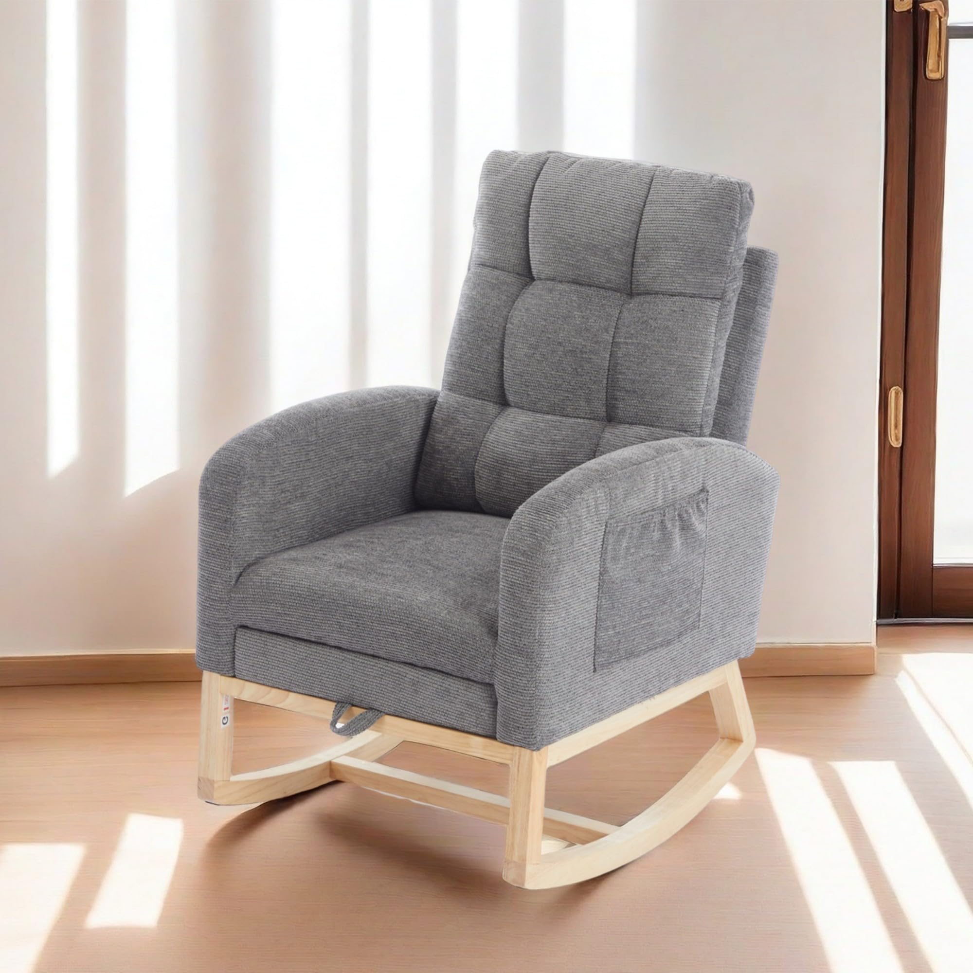 Nursery Rocking Chair with Adjustable Footrest and Side Pockets