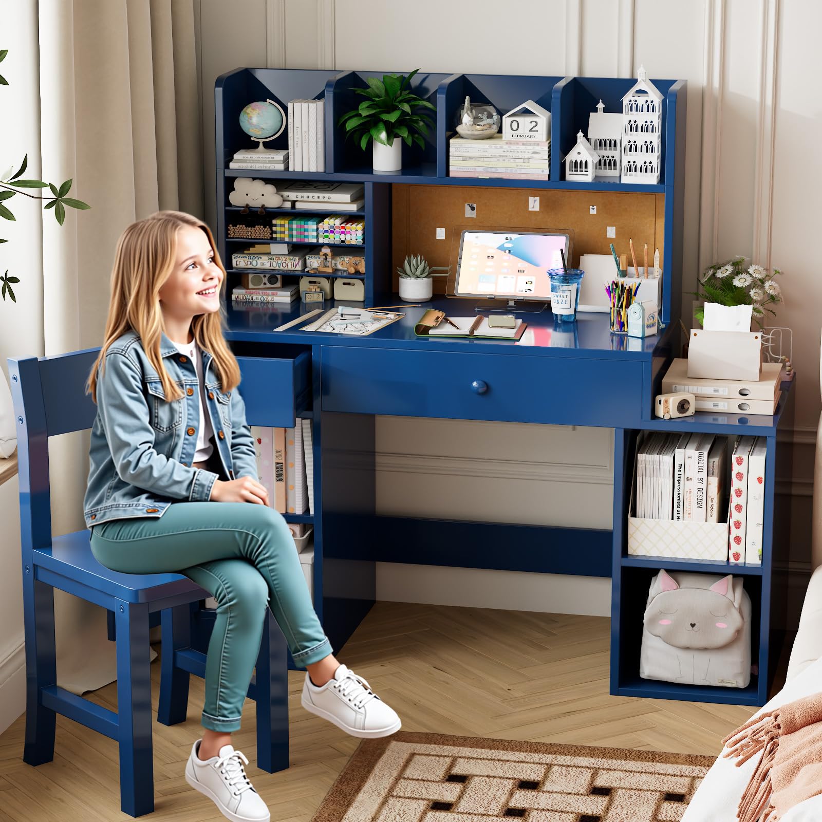 Kids Wooden Desk and Chair Set with Storage
