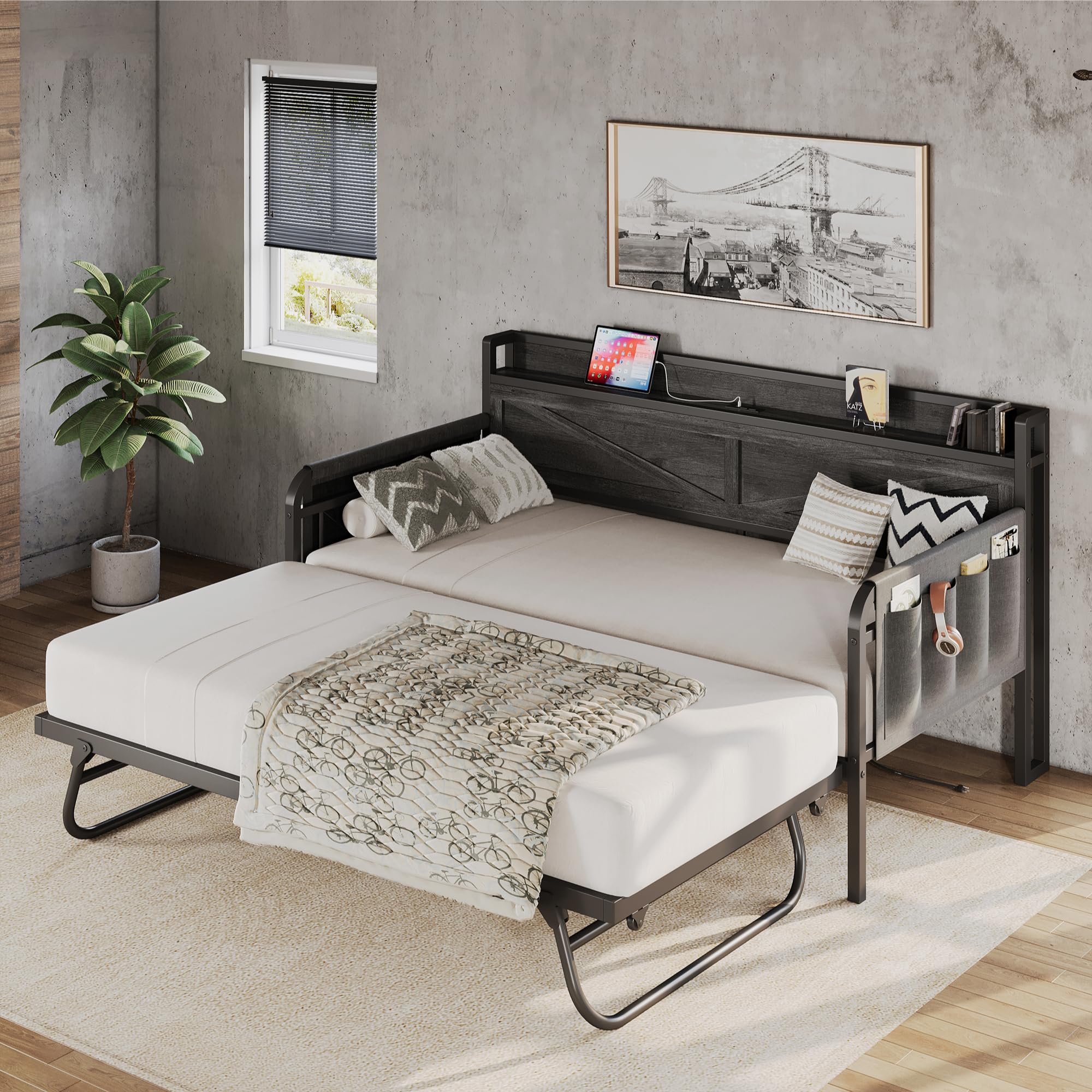 Twin Daybed with Trundle Bed, Storage Headboard