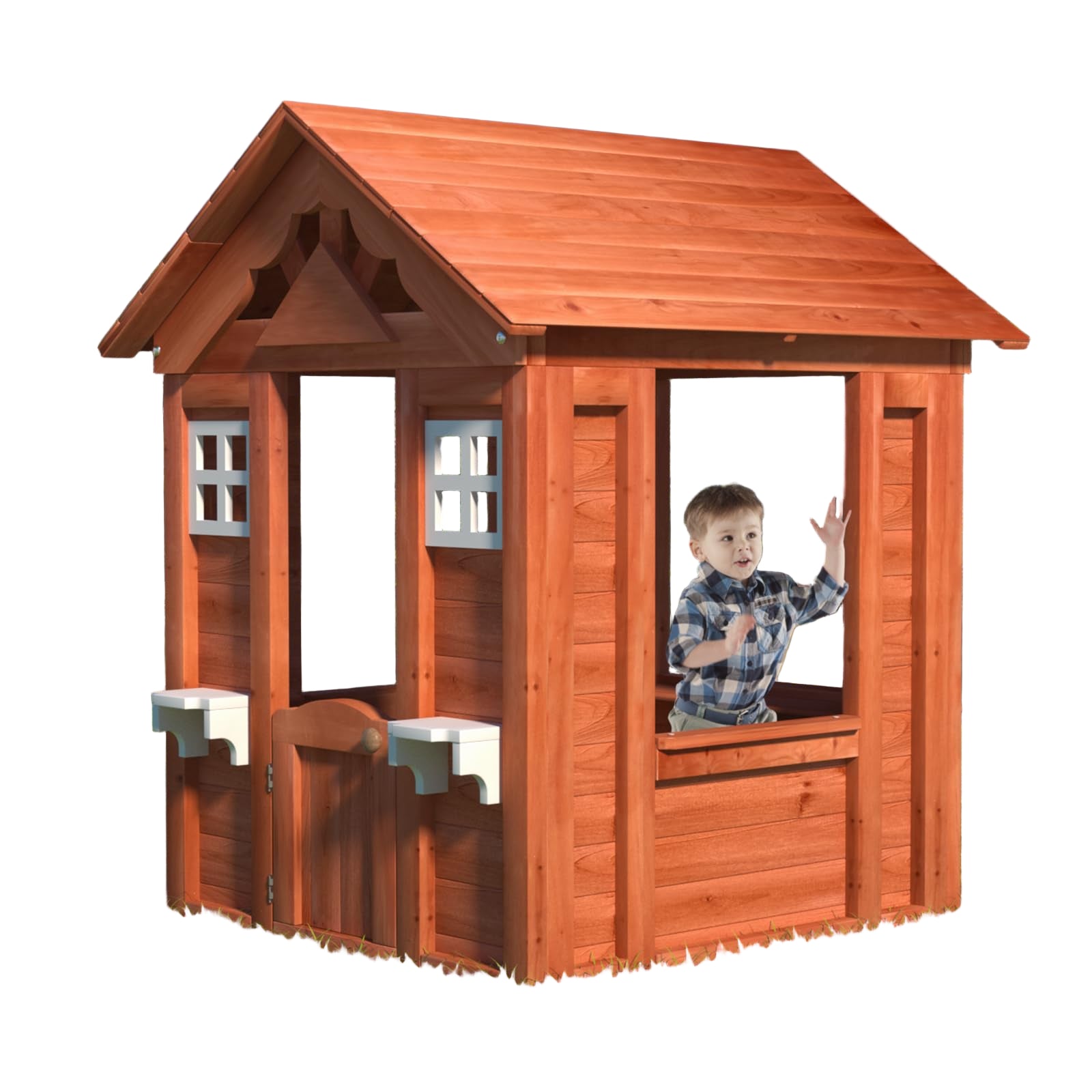 Kids Outdoor Playhouse with Door & 2 Windows - Wooden Backyard Play House