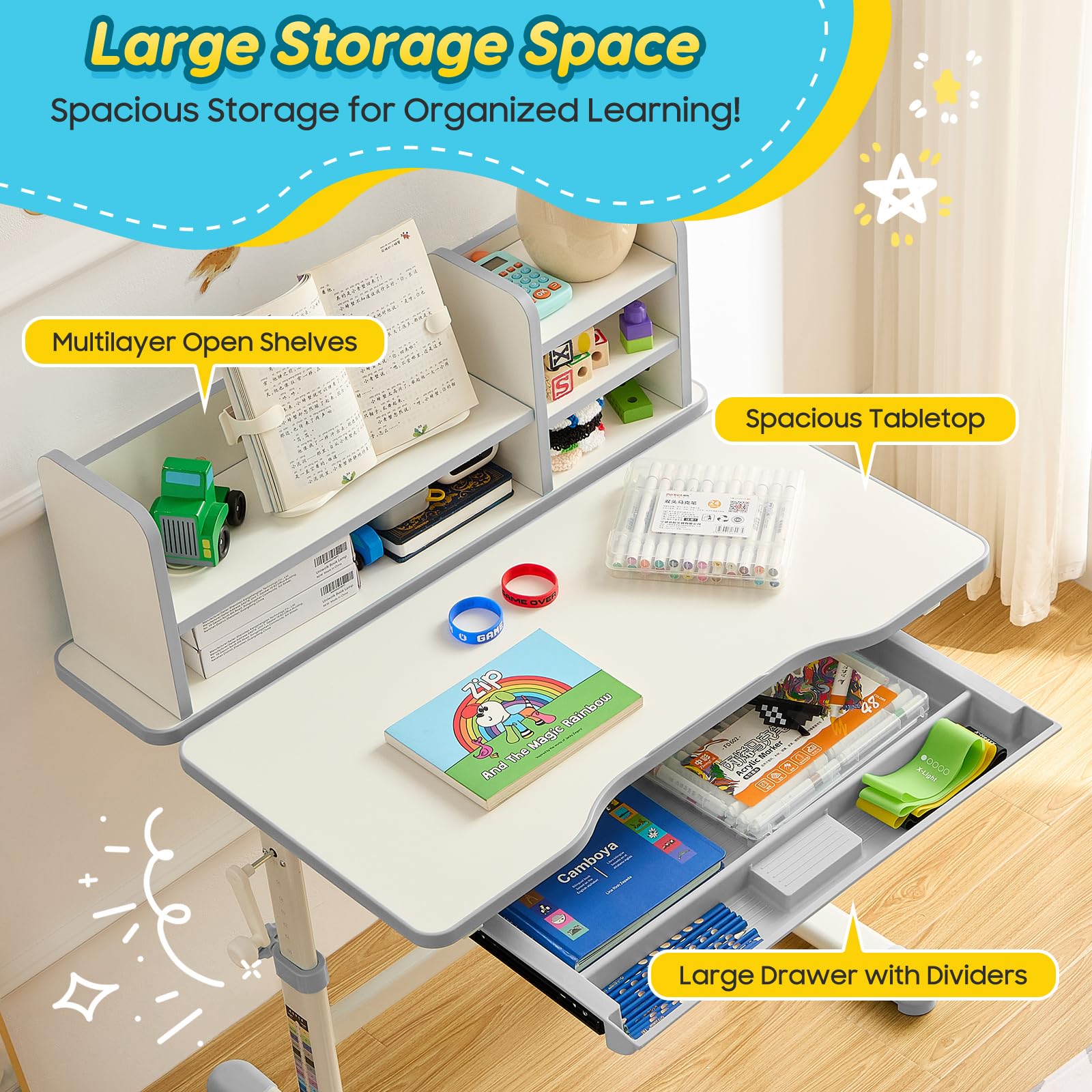 Ergonomic Kids Desk and Chair Set with Adjustable Height and Tilting Desktop
