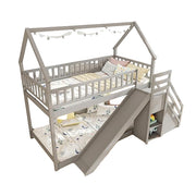 House Bunk Bed Twin Over Twin with Slide & Stairs, Wood Bunk Bed with Storage Shelves