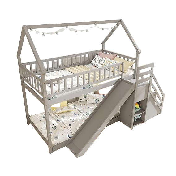 House Bunk Bed Twin Over Twin with Slide & Stairs, Wood Bunk Bed with Storage Shelves