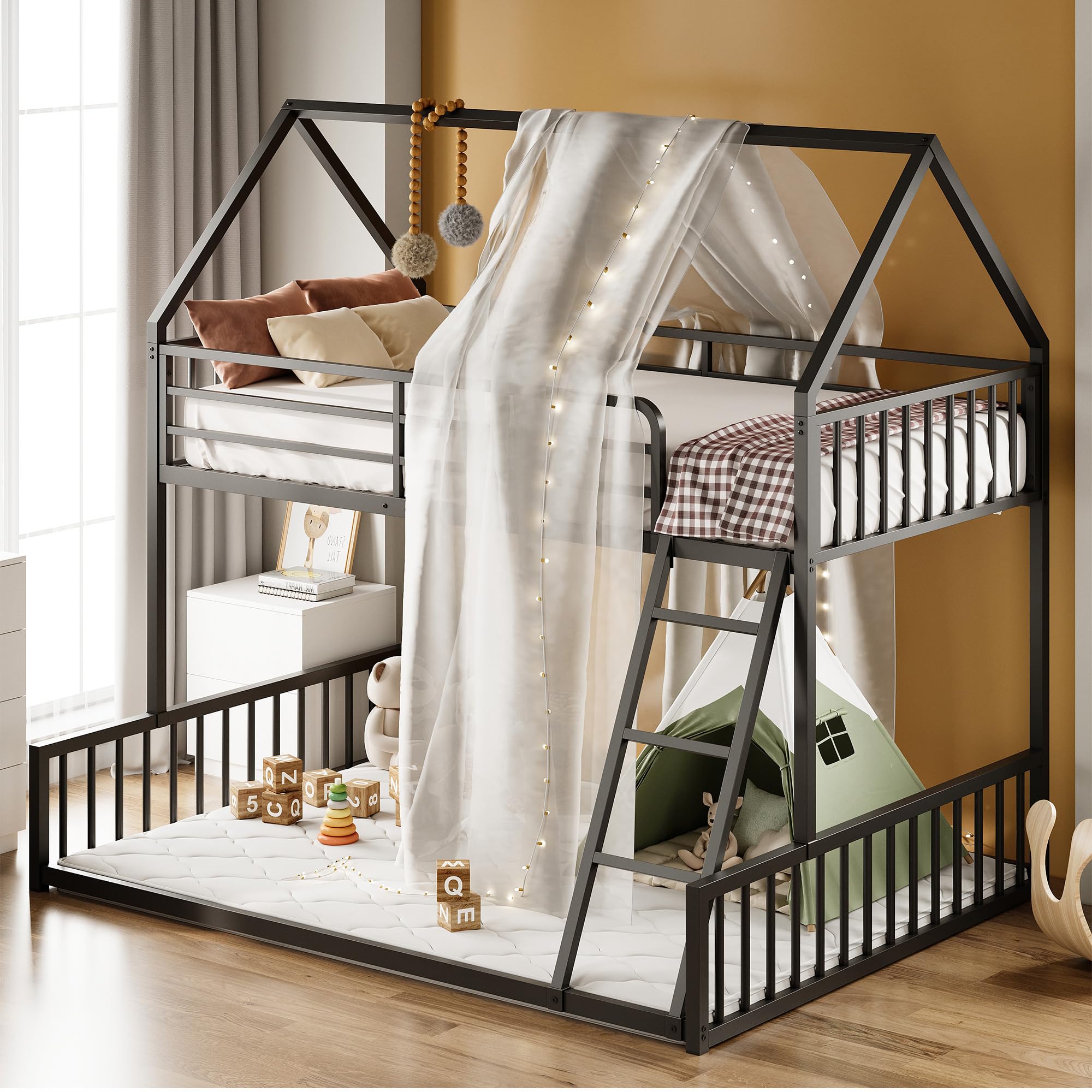 Bunk Bed Twin Over Full Size, House Bunk Bed Frame with Ladder and Guardrail