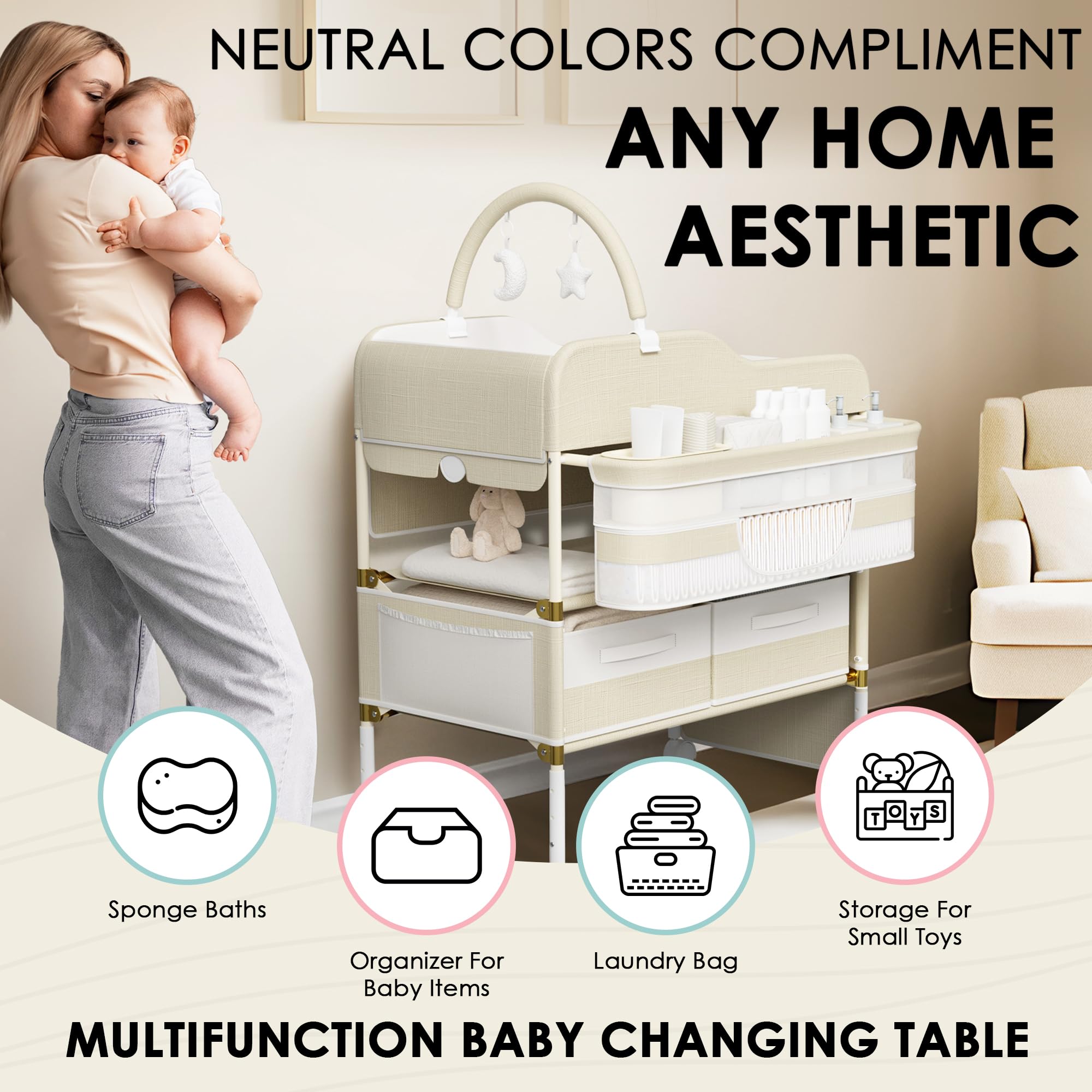 Portable Baby Changing Table with Wheels and Storage