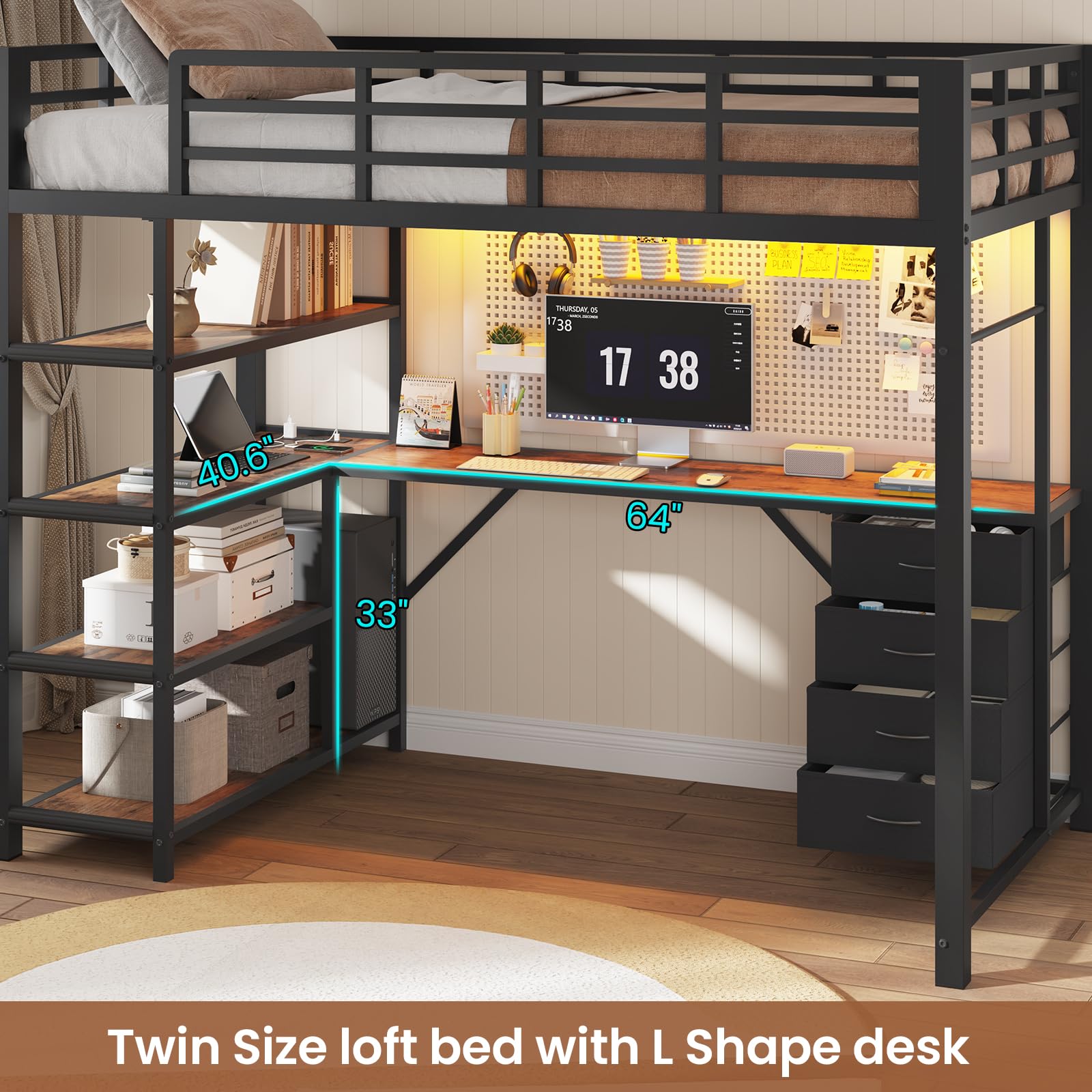 Twin Loft Bed with L-Shaped Desk and Storage