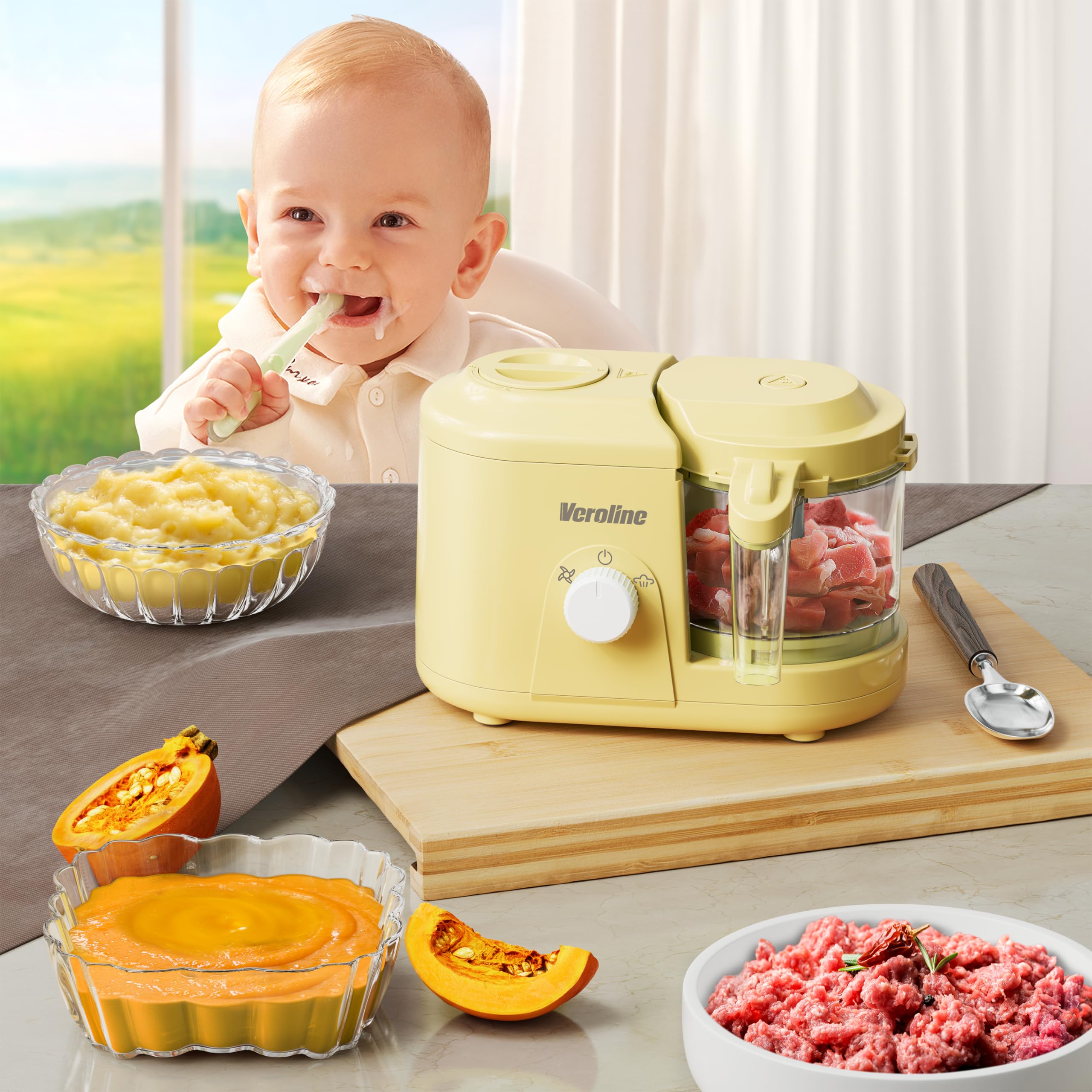 Baby Food Maker, One Button Rotate Control Baby Food Processor, Baby Puree Maker with Steaming and Grinding Functions, Baby Food Steamer and Blender, Yellow