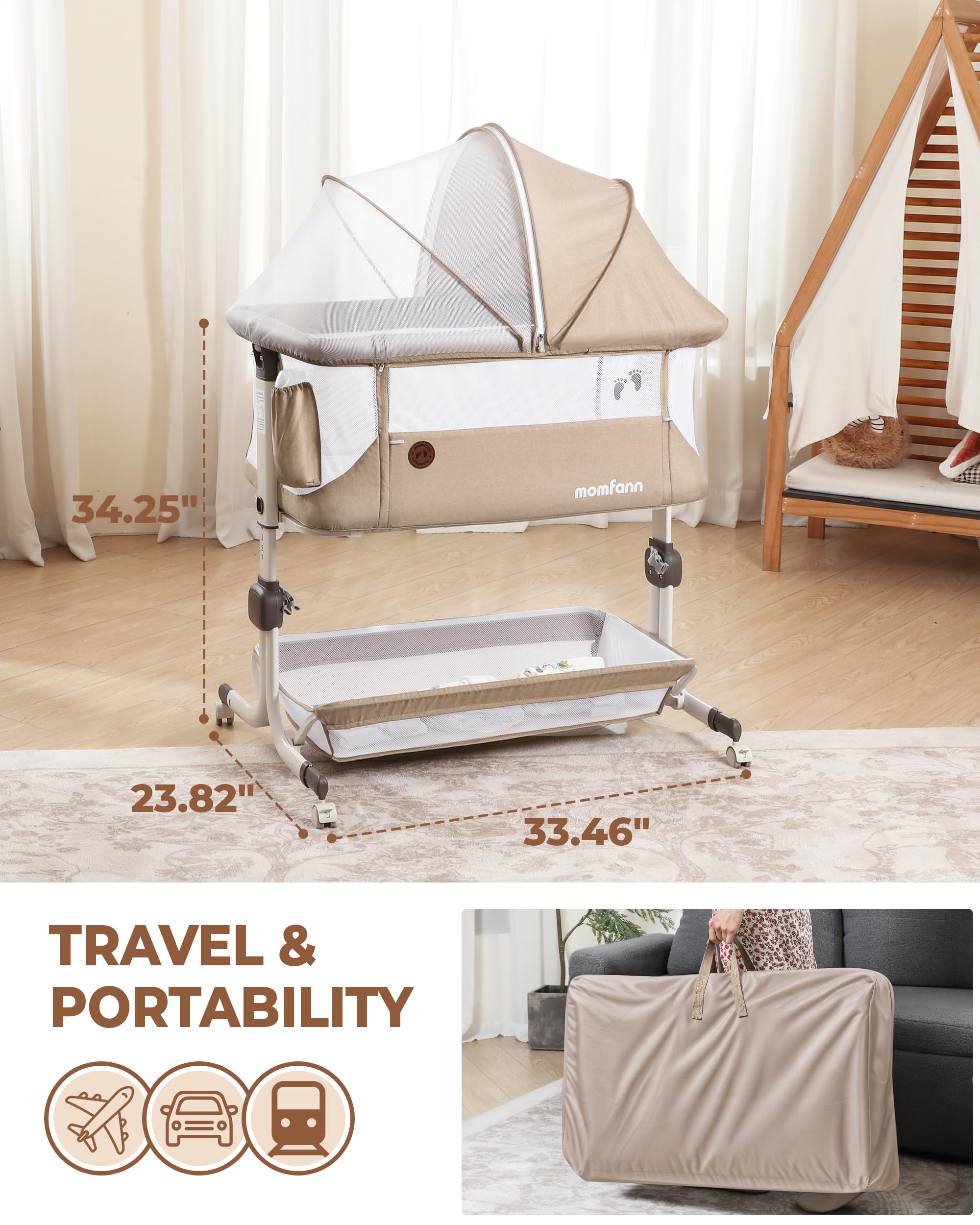 Bedside Bassinet with Mesh Sides and Height Adjustment