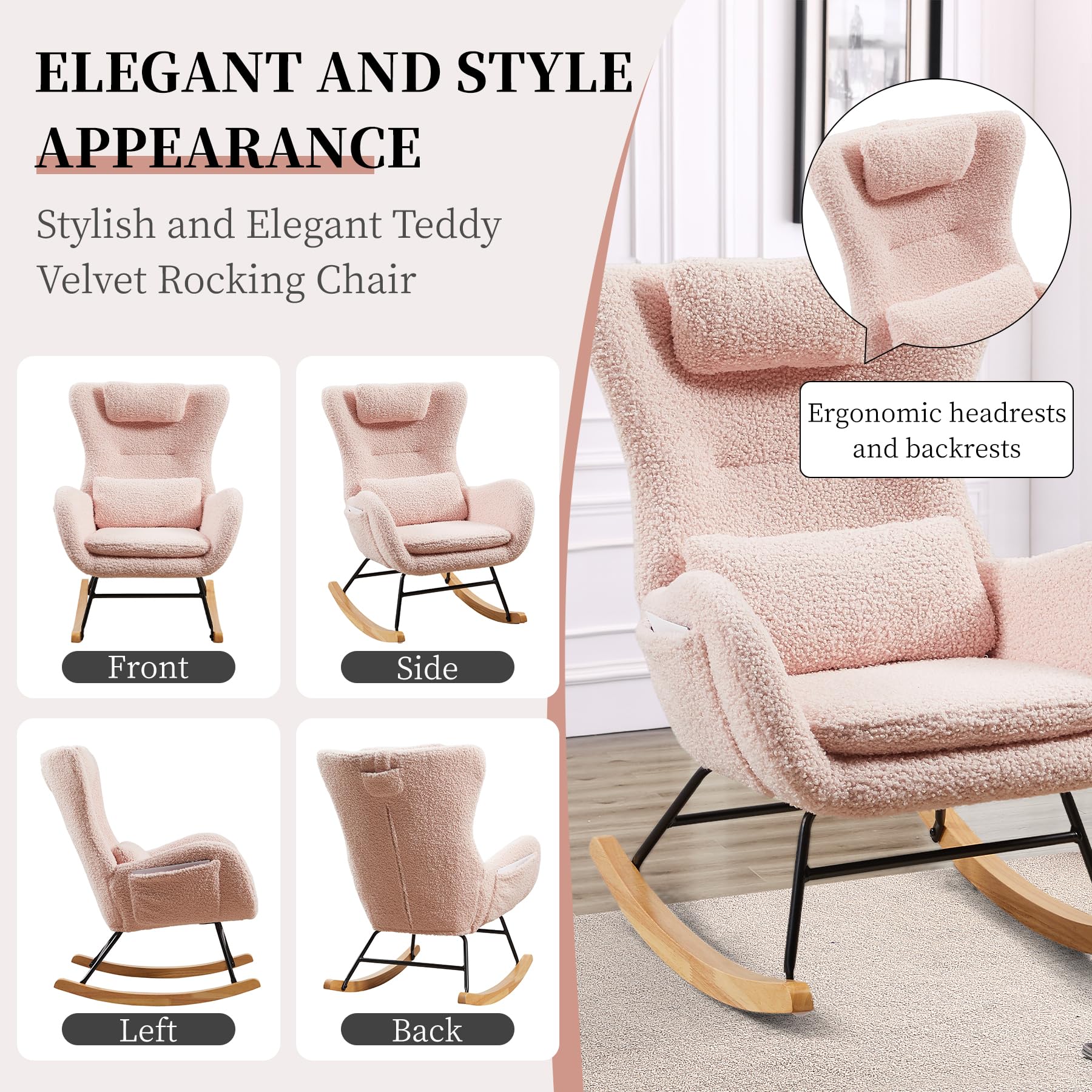 Nursery Rocking Chair with Adjustable Headrest and Lumbar Support