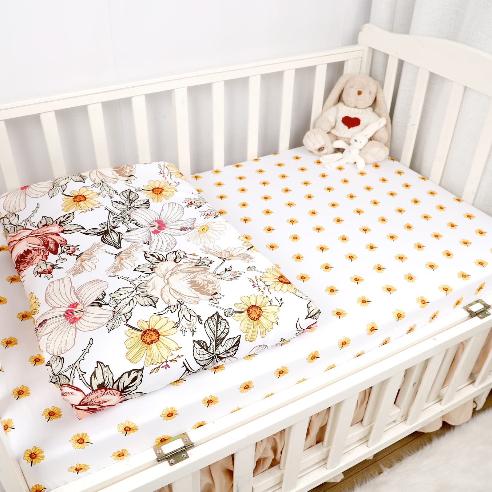 4-Piece Crib Bedding Set for Girls, Boho Baby Girl Bedding Set with Crib Skirt, Baby Quilt, Crib Sheet and Diaper Stacker, Flower