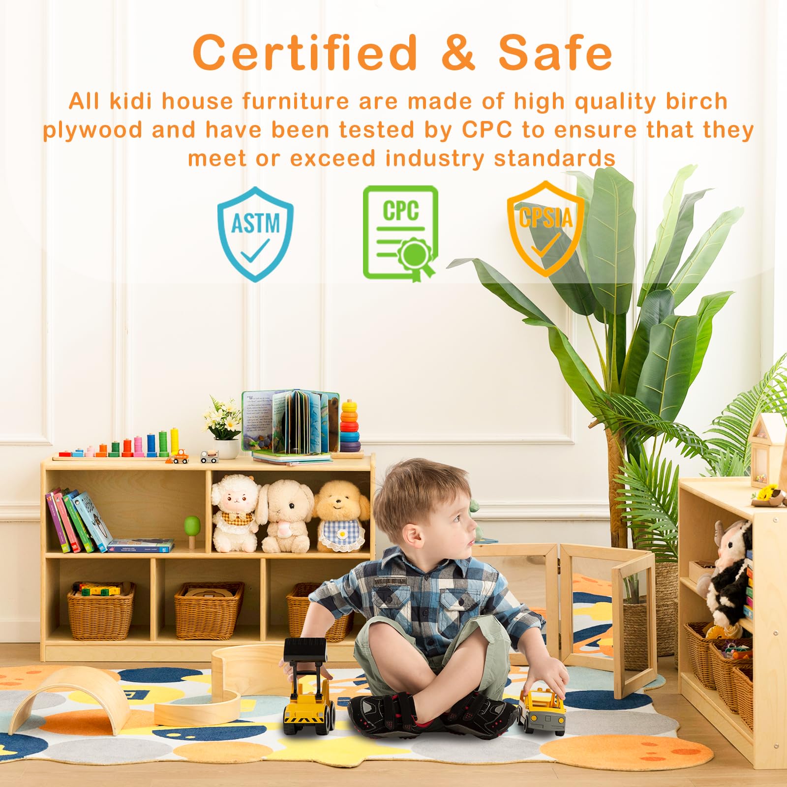 Wooden Montessori Bookshelf with Toy Storage Cubbies