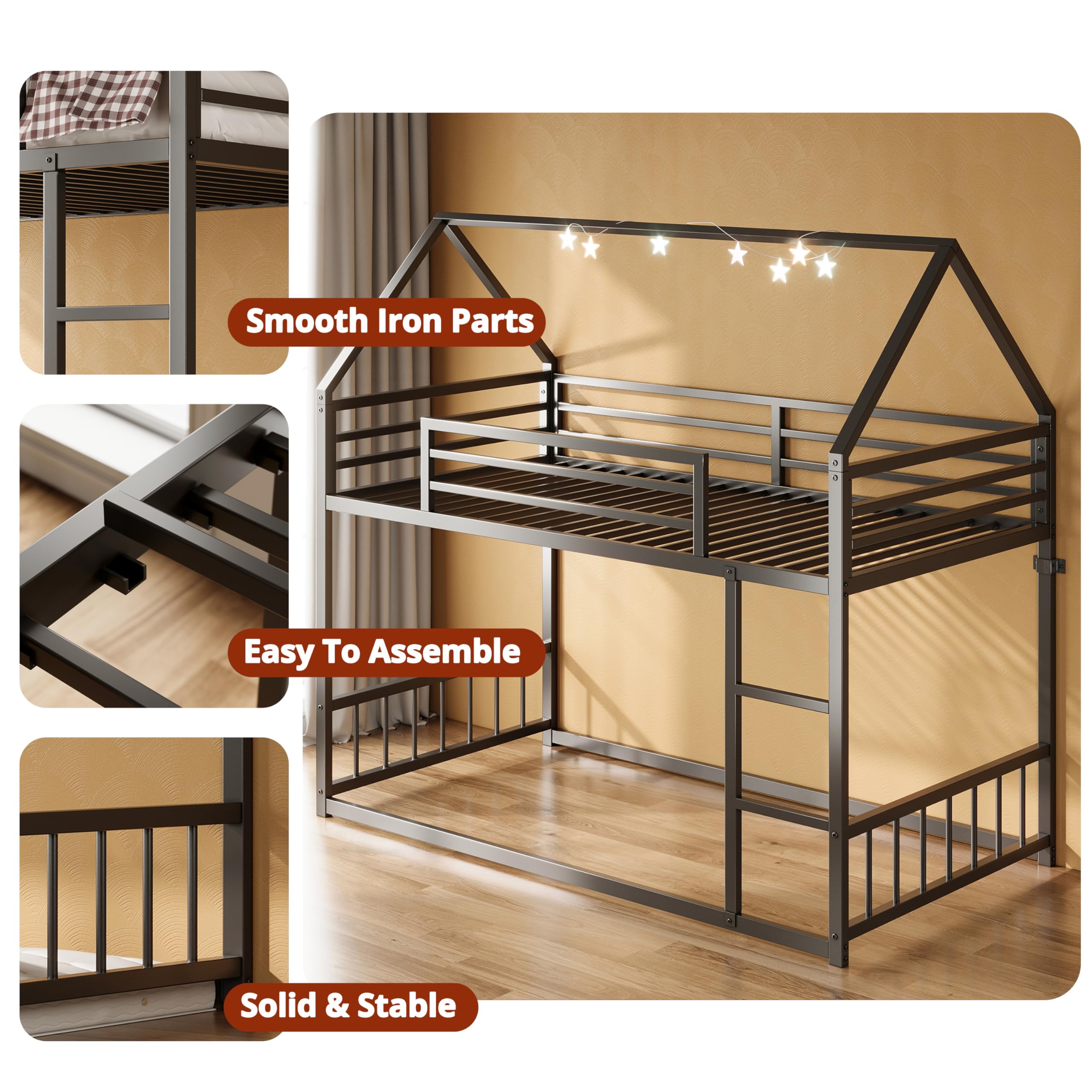 Twin Over Twin House Bunk Bed with Ladder and Guardrail