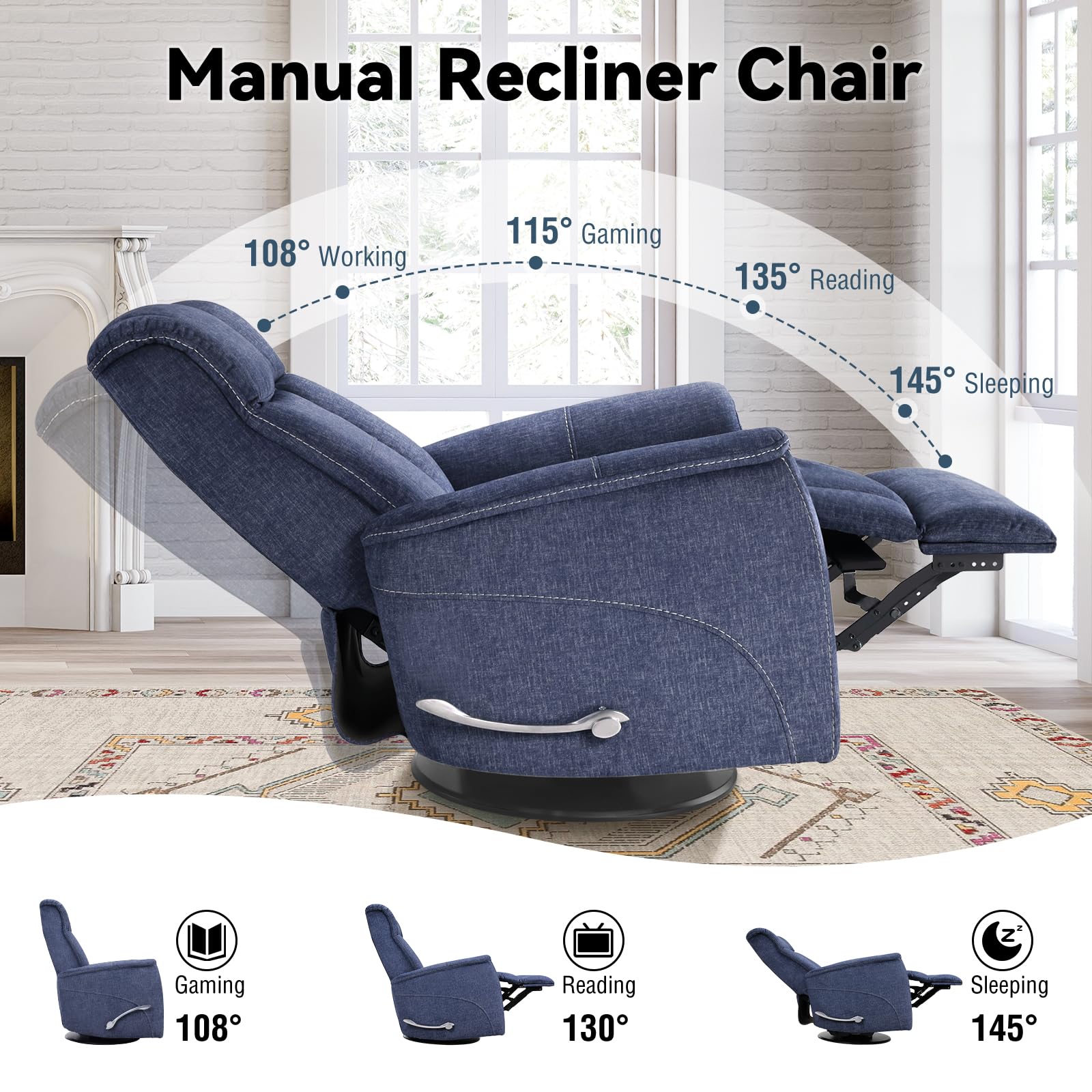 360° Swivel Rocking Recliner Chair with Lumbar Support
